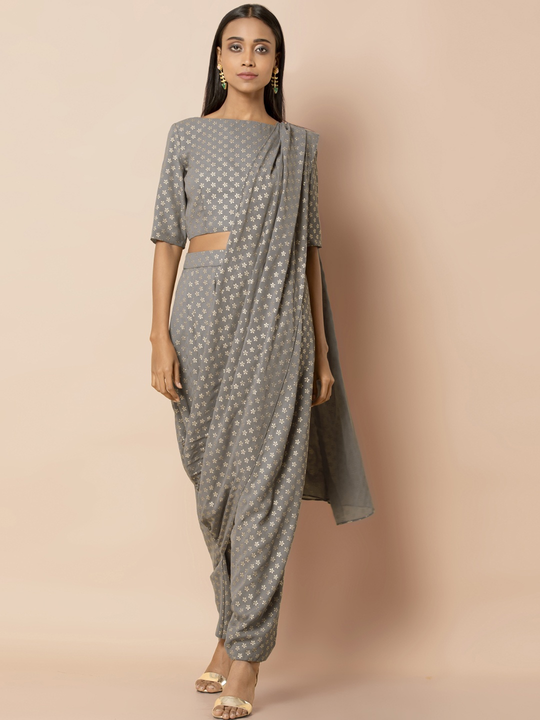 

INDYA Women Grey Foil Floral Printed Dhoti With Attached Dupatta