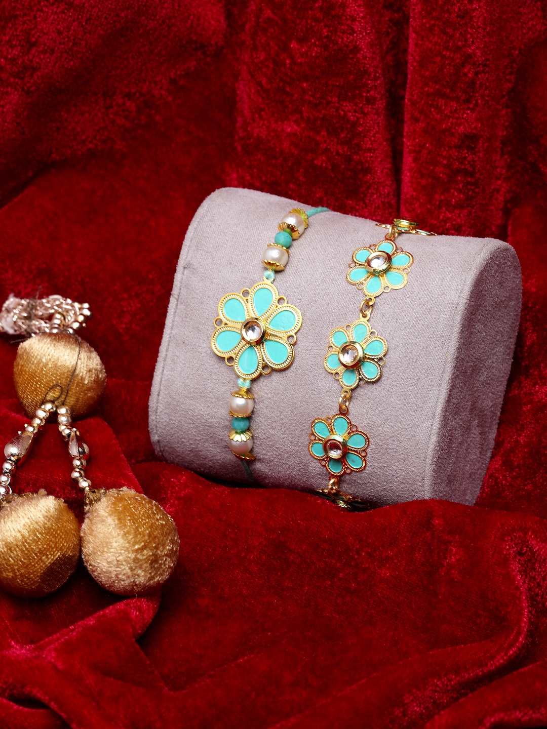 

PANASH Men Pack Of 2 Gold-Toned & Turquoise Blue Gold-Plated Wraparound Rakhi And Bracelet