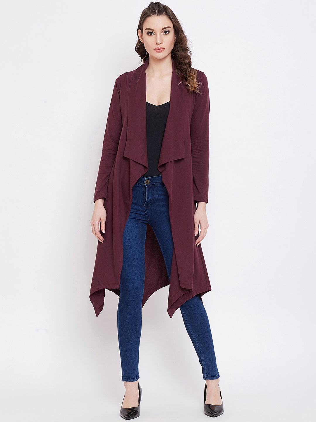 

Hypernation Women Maroon Solid Open Front Shrug