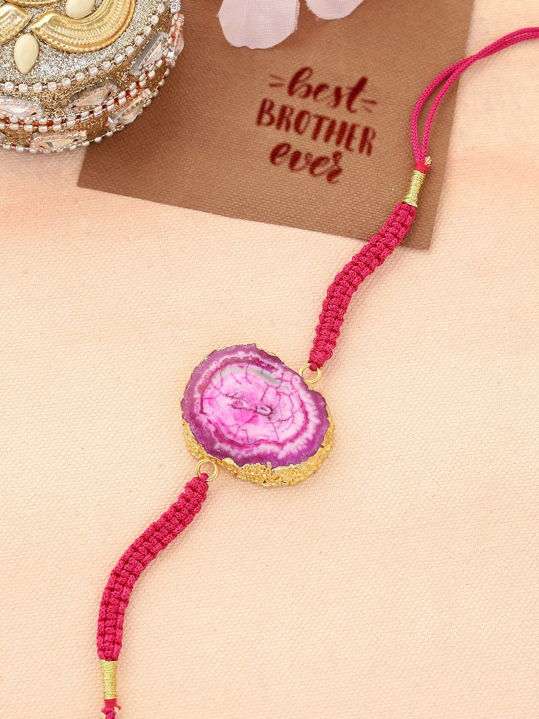 

Shoshaa Gold & Pink Color Agate Stone Single Bhai Rakhi