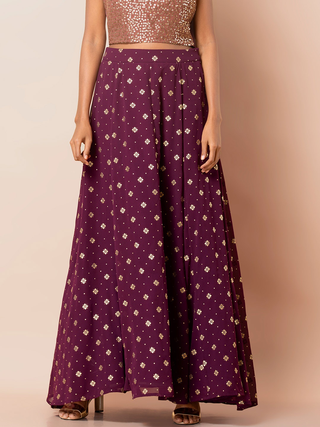 

INDYA Women Purple & Gold-Coloured Foil Printed Flared Maxi Skirt
