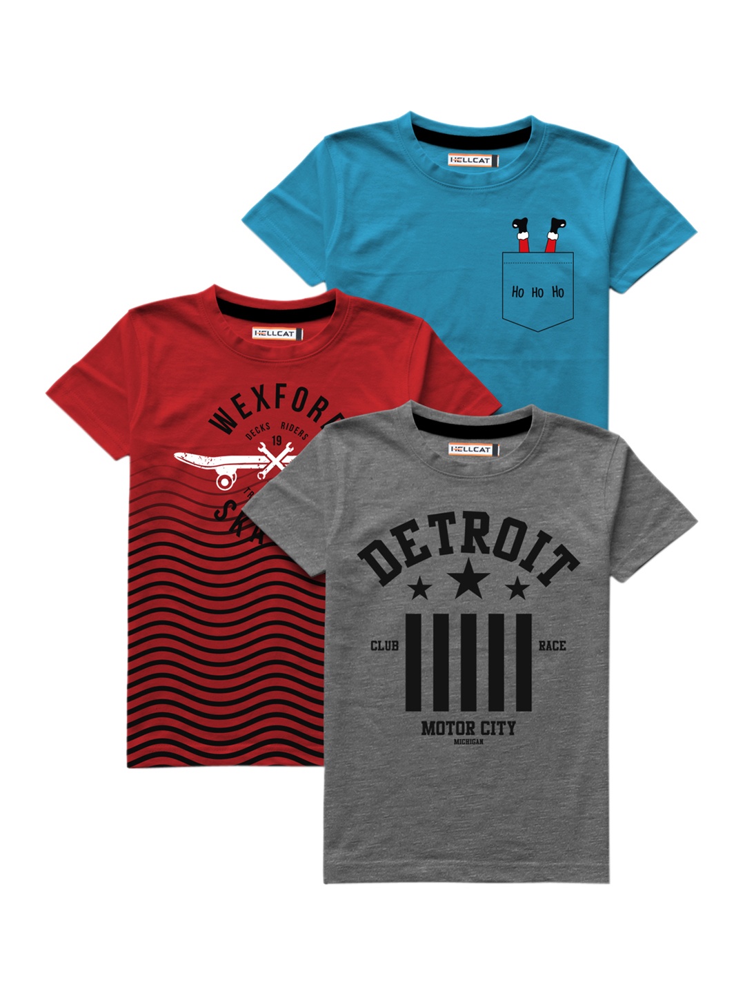 HELLCAT Boys Pack Of 3 Multicoloured Printed Round Neck T-shirts, Multi