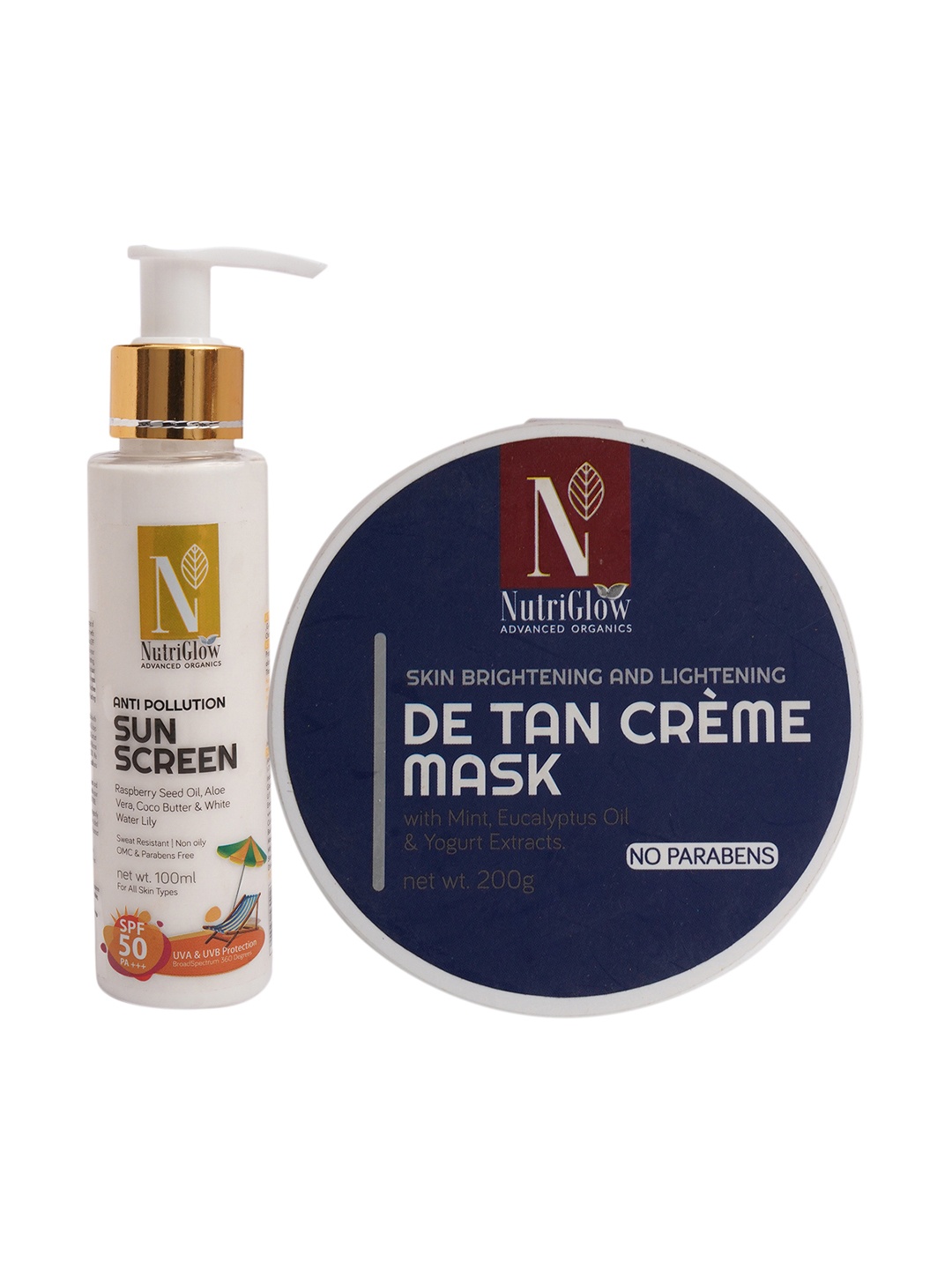 

NutriGlow Unisex Advanced Organics Sunscreen SPF 50 (100ml) & De Tan Creme Mask (200gm), Multi