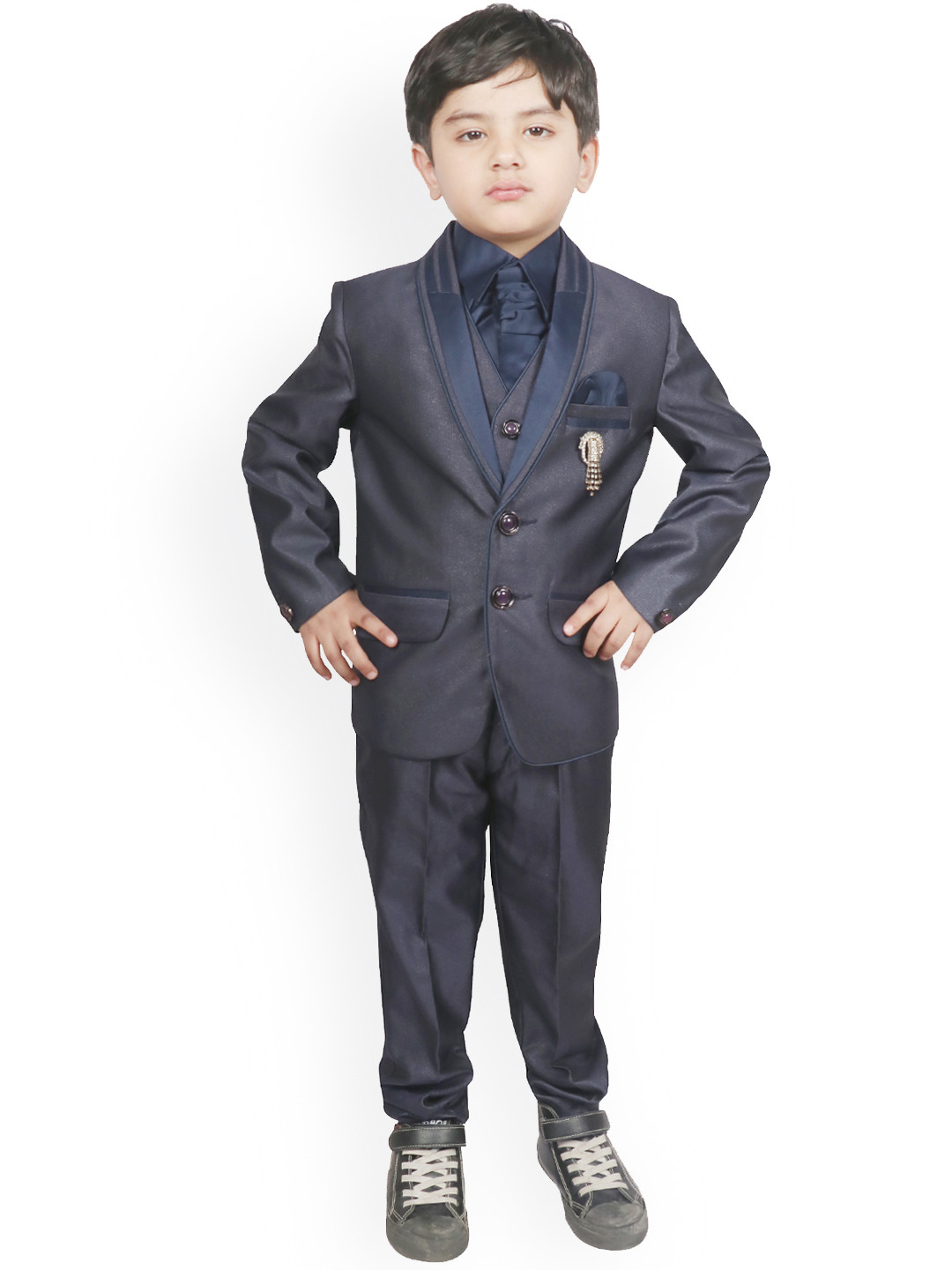 

SG YUVRAJ Boys Grey & Navy Blue Self-Design Single-Breasted Tuxedo Party Suit