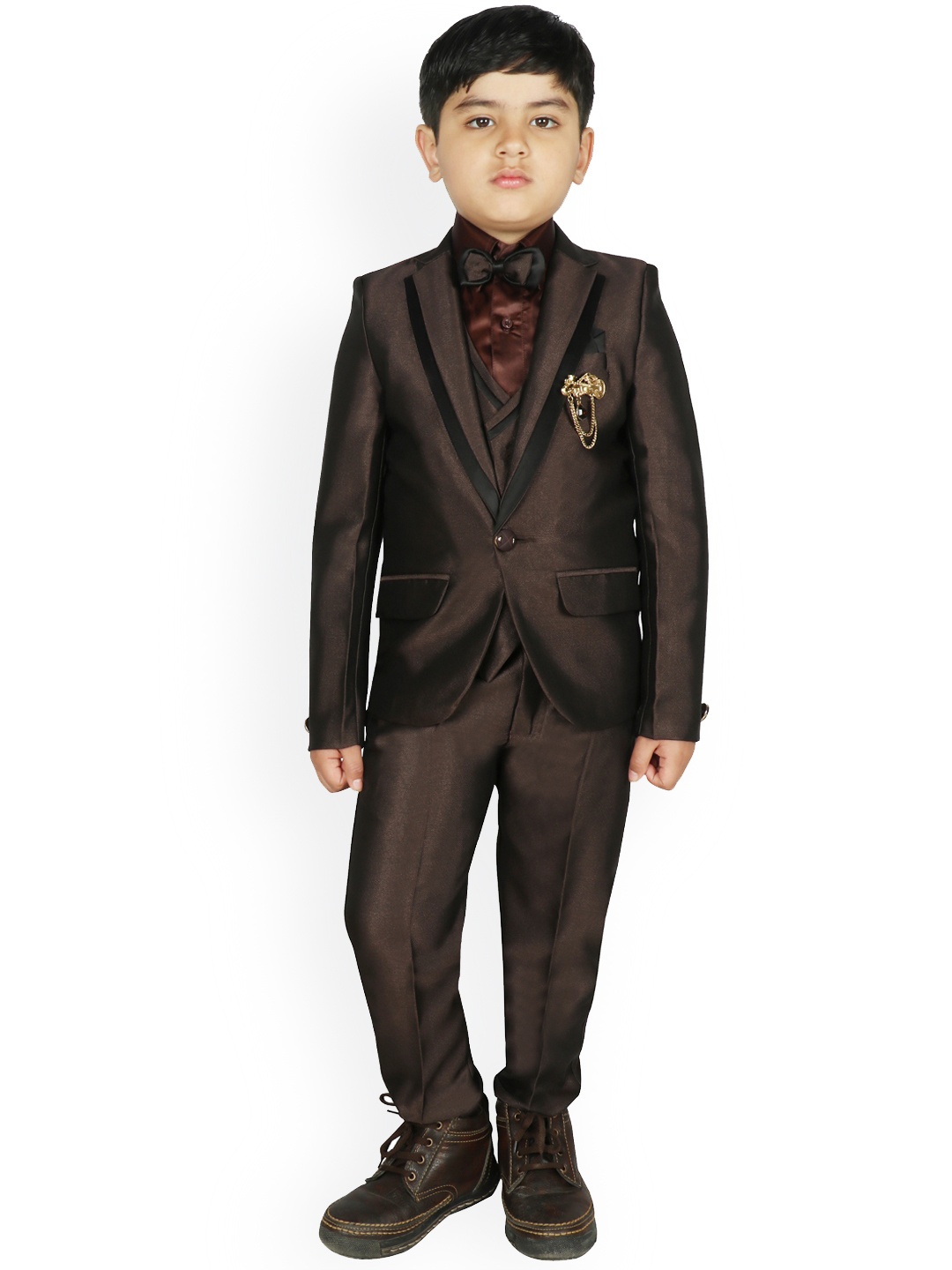 

SG YUVRAJ Boys Brown Solid Single-Breasted Partywear Suit Set