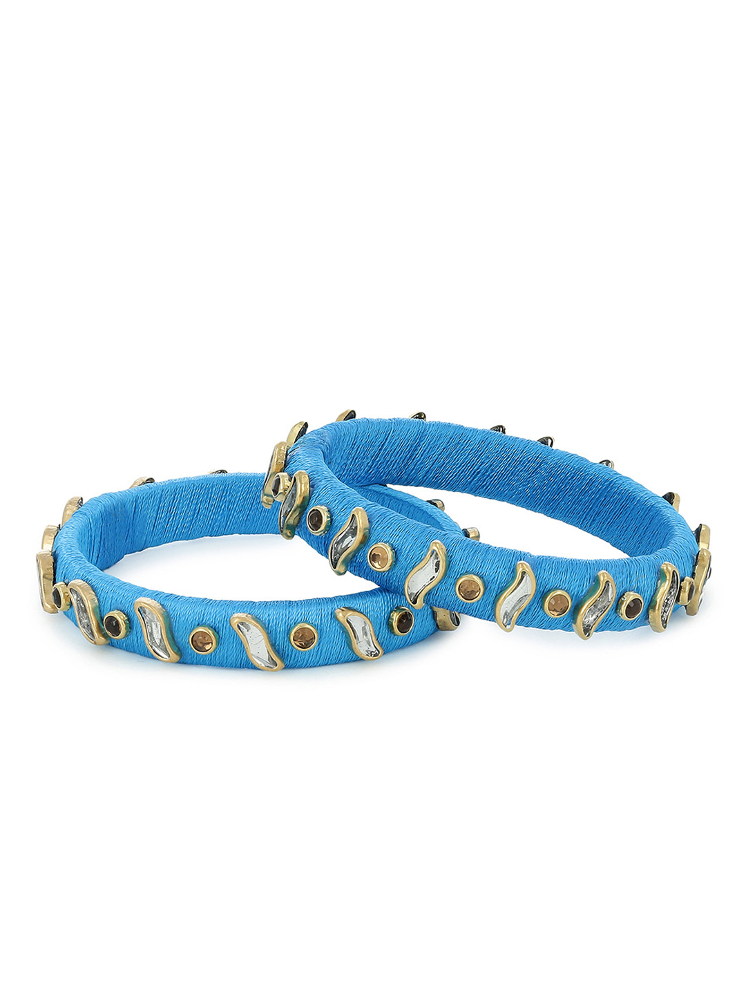 

AKSHARA Girls Set of 2 Blue & White Kundan-Studded Handcrafted Silk Thread Bangles