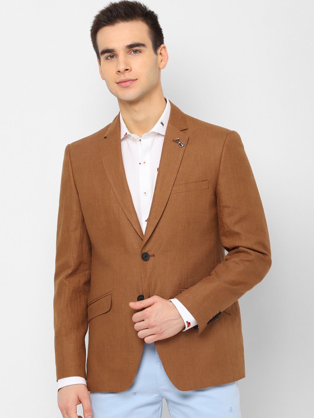 

SIMON CARTER LONDON Men Brown Solid Slim-Fit Single-Breasted Pure Linen Casual Blazer