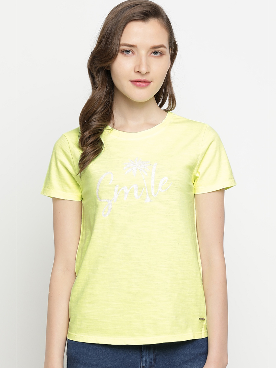 

Pepe Jeans Women Yellow Printed Round Neck T-shirt