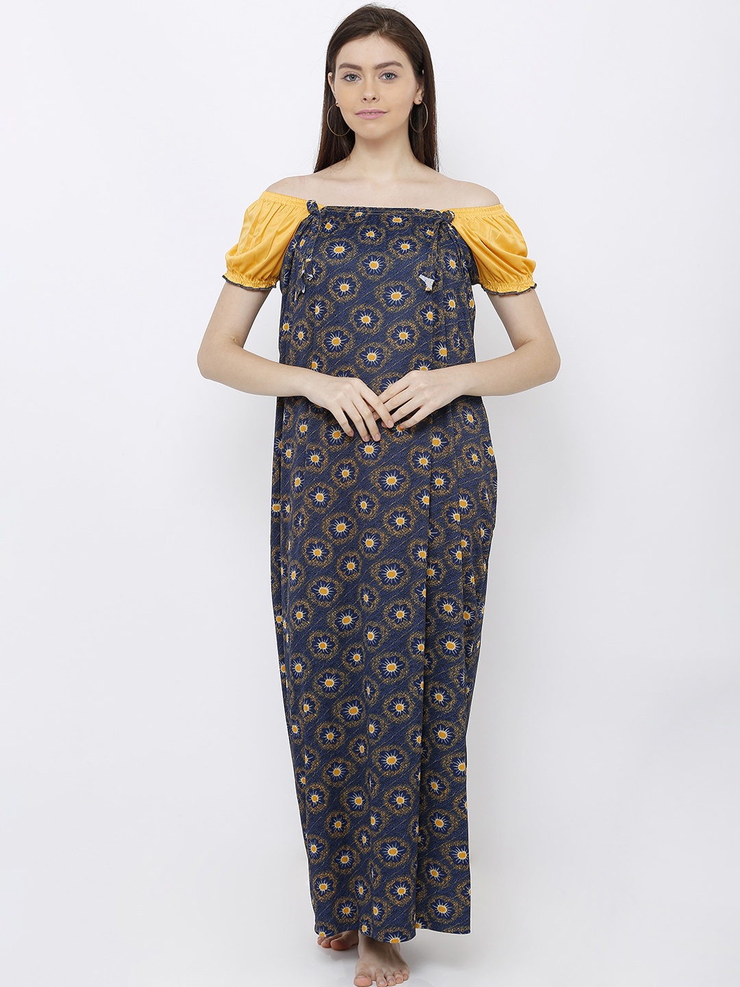 

Pretty Awesome Navy Blue & Yellow Printed Nightdress
