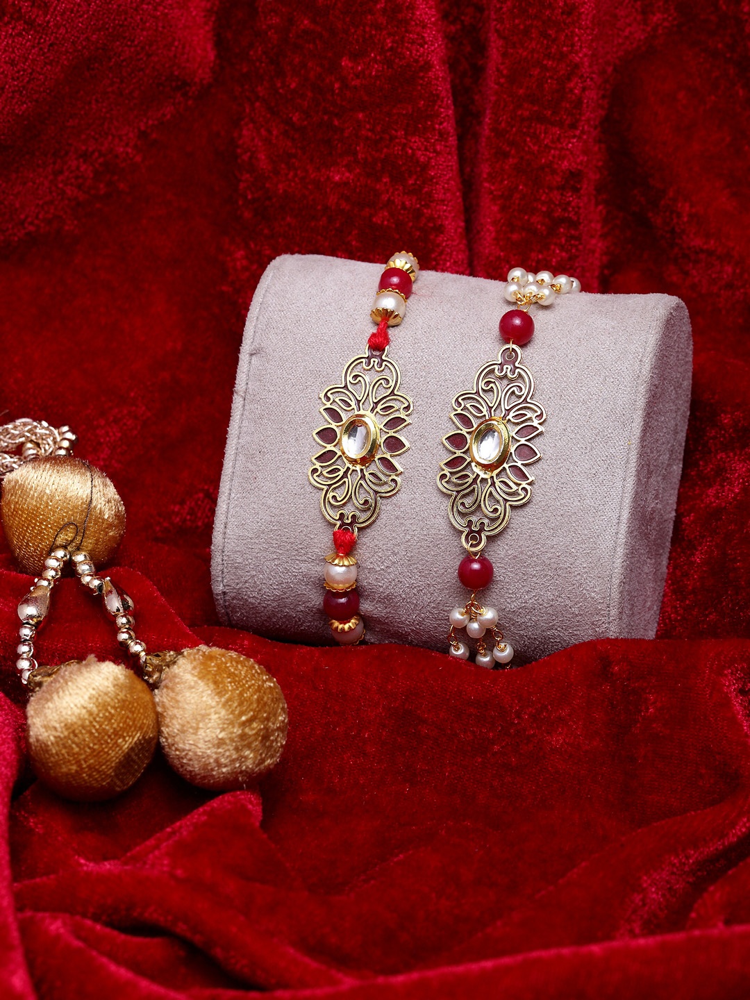 

PANASH Men Set of 2 Gold-Toned & Maroon Brass Gold-Plated Handcrafted Rakhis