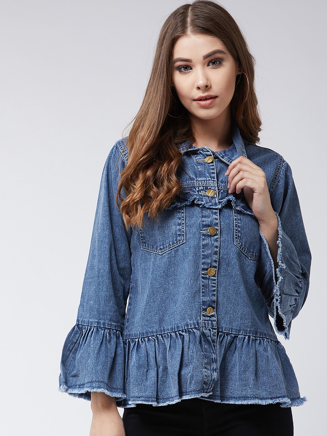

Miss Chase Women Blue Solid Denim Ruffled Jacket