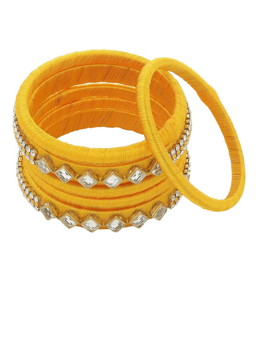 

AKSHARA Girls Set of 6 Yellow & White Kundan-Studded Handcrafted Silk Thread Bangles