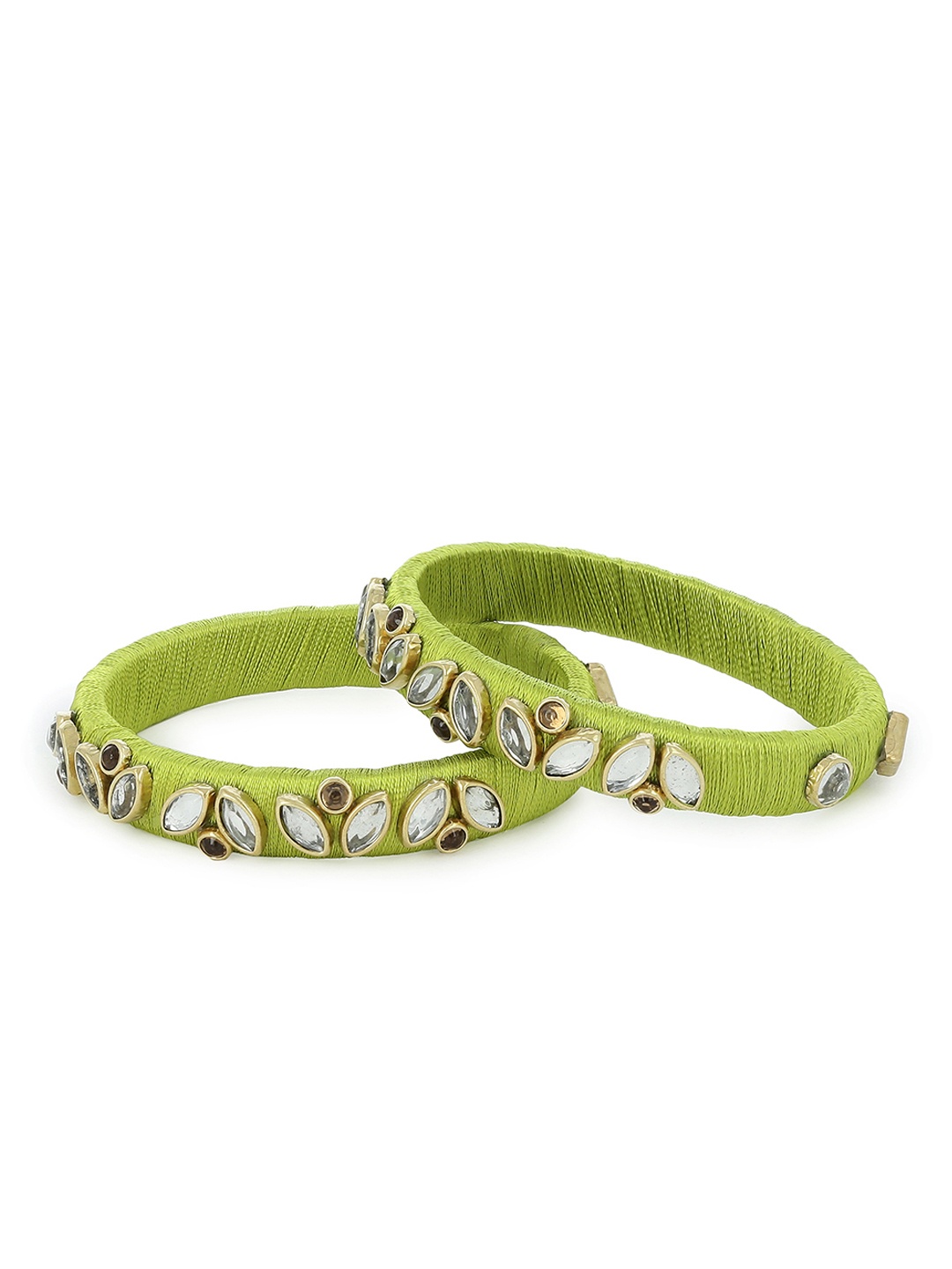 

AKSHARA Girls Set of 2 Green & White Kundan-Studded Handcrafted Silk Thread Bangles