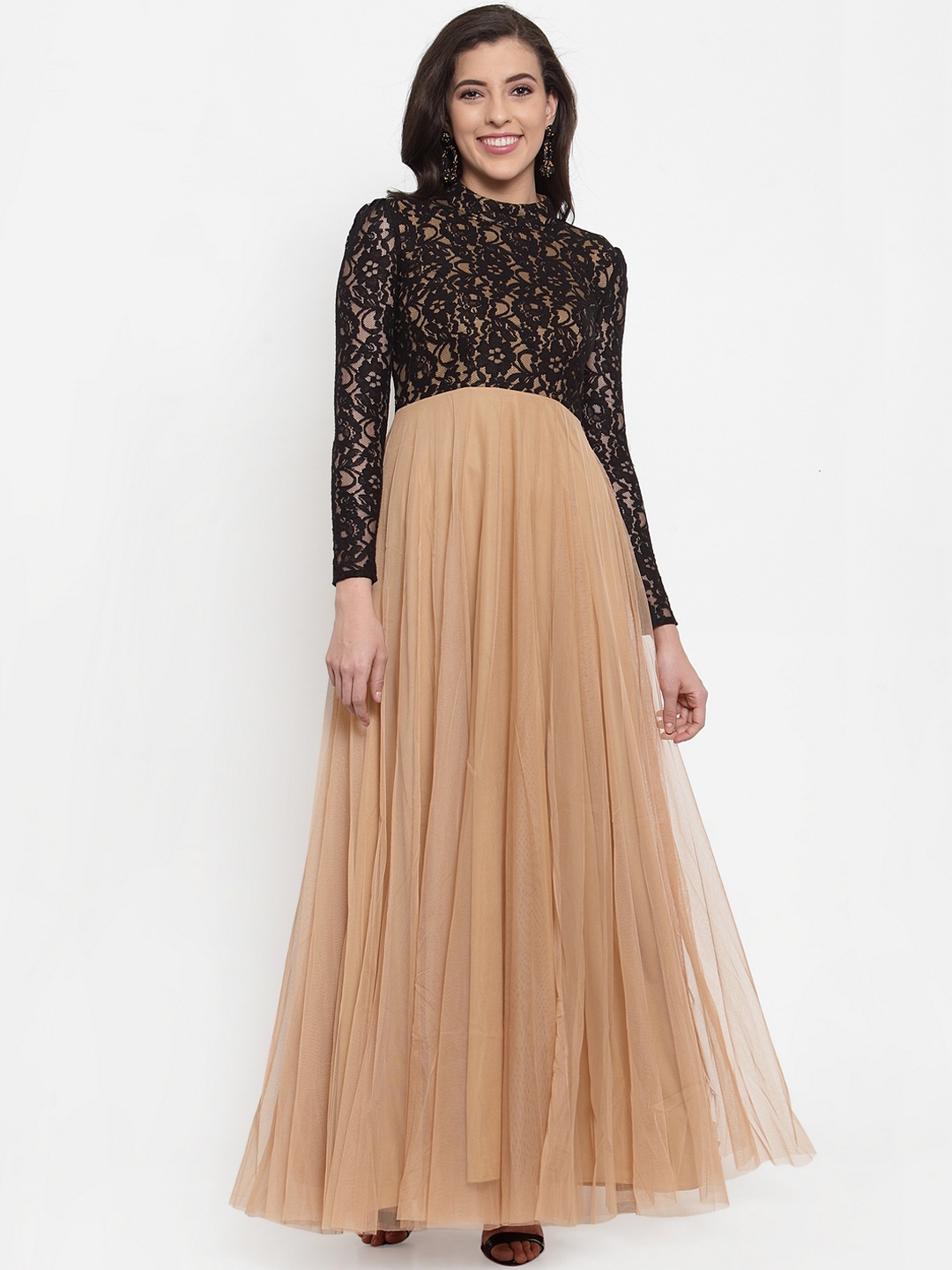 Just Wow Women Beige & Black Colourblocked Lace Maxi Dress