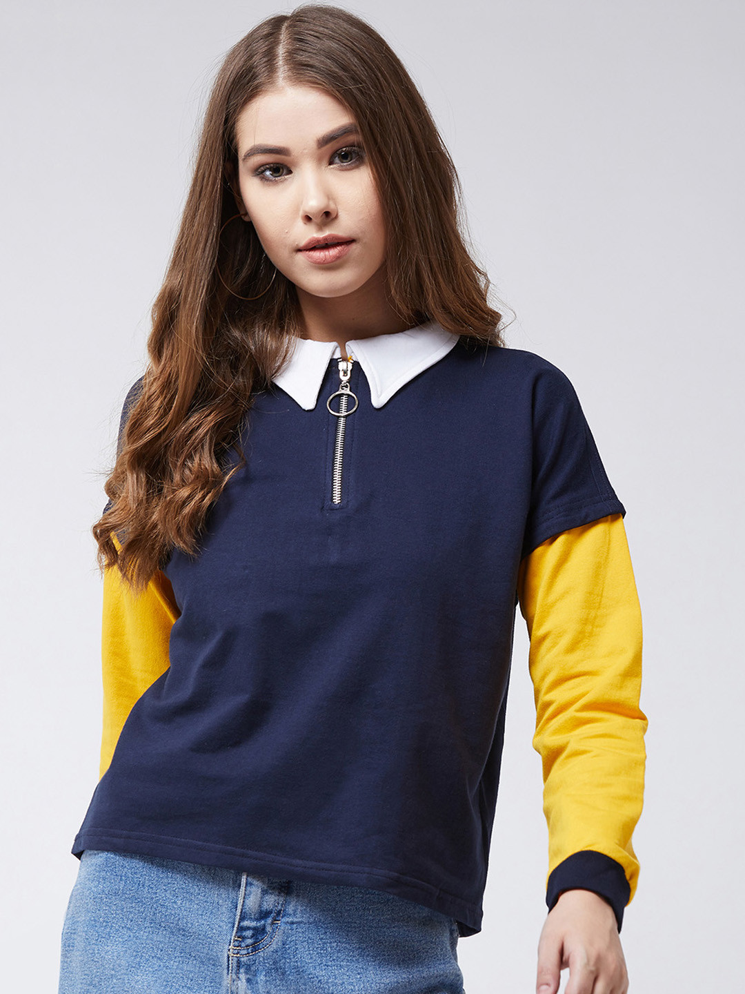 

Miss Chase Women Navy Blue & Yellow Solid Sweatshirt