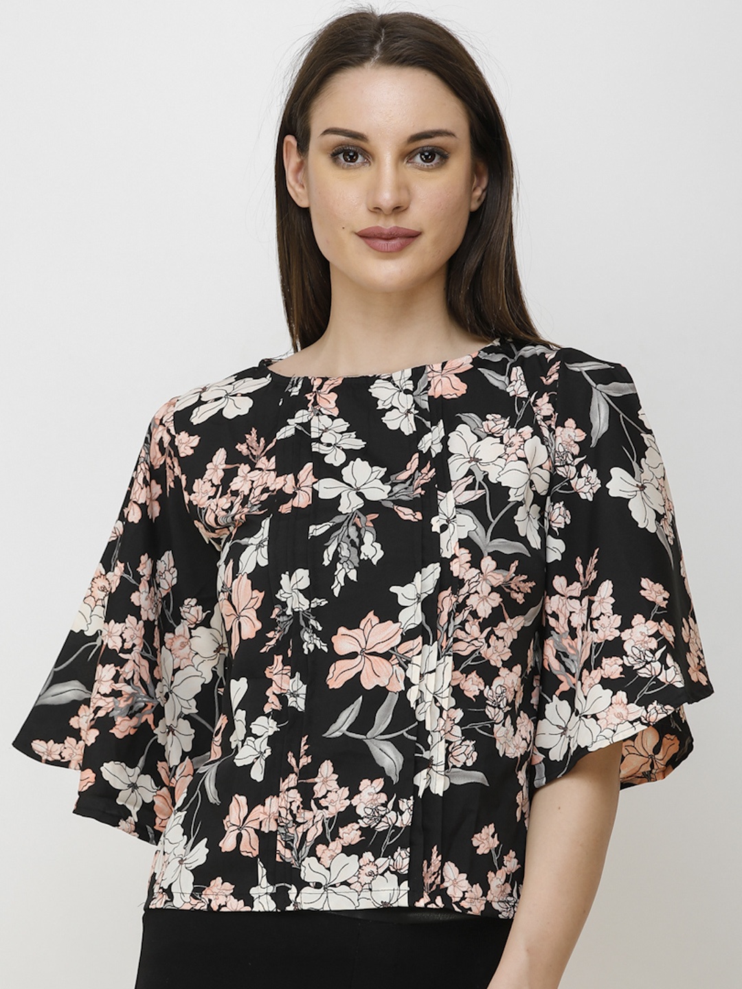 

Cation Women Black & Peach Coloured Floral Print Top