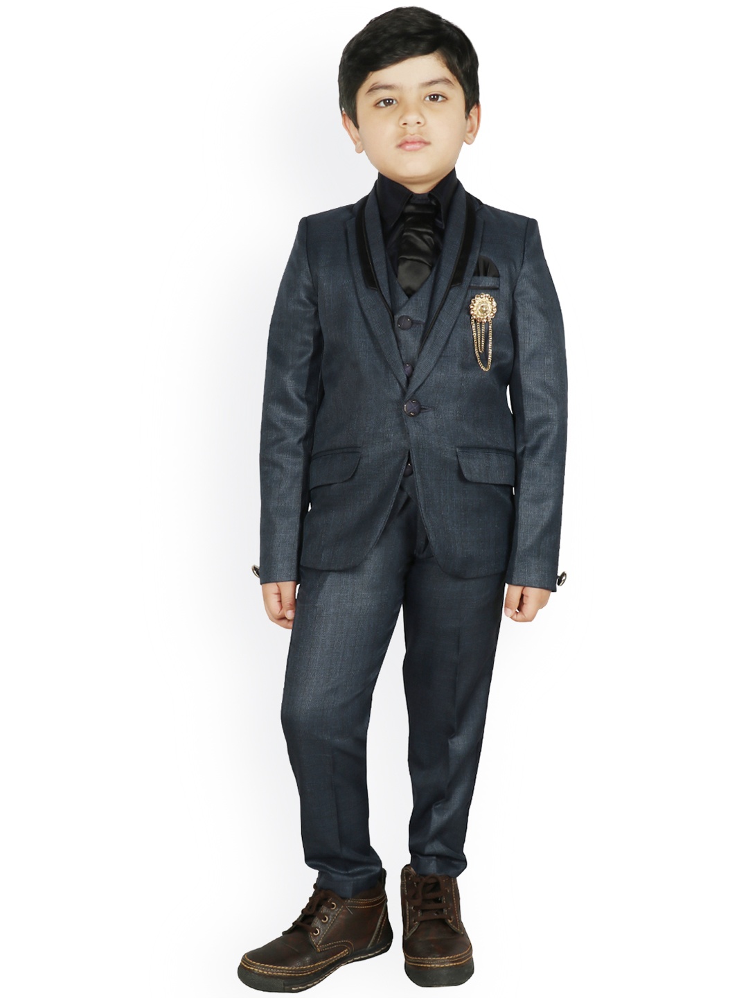 

SG YUVRAJ Boys Navy Blue & Black Self-Design Single-Breasted Suit Set