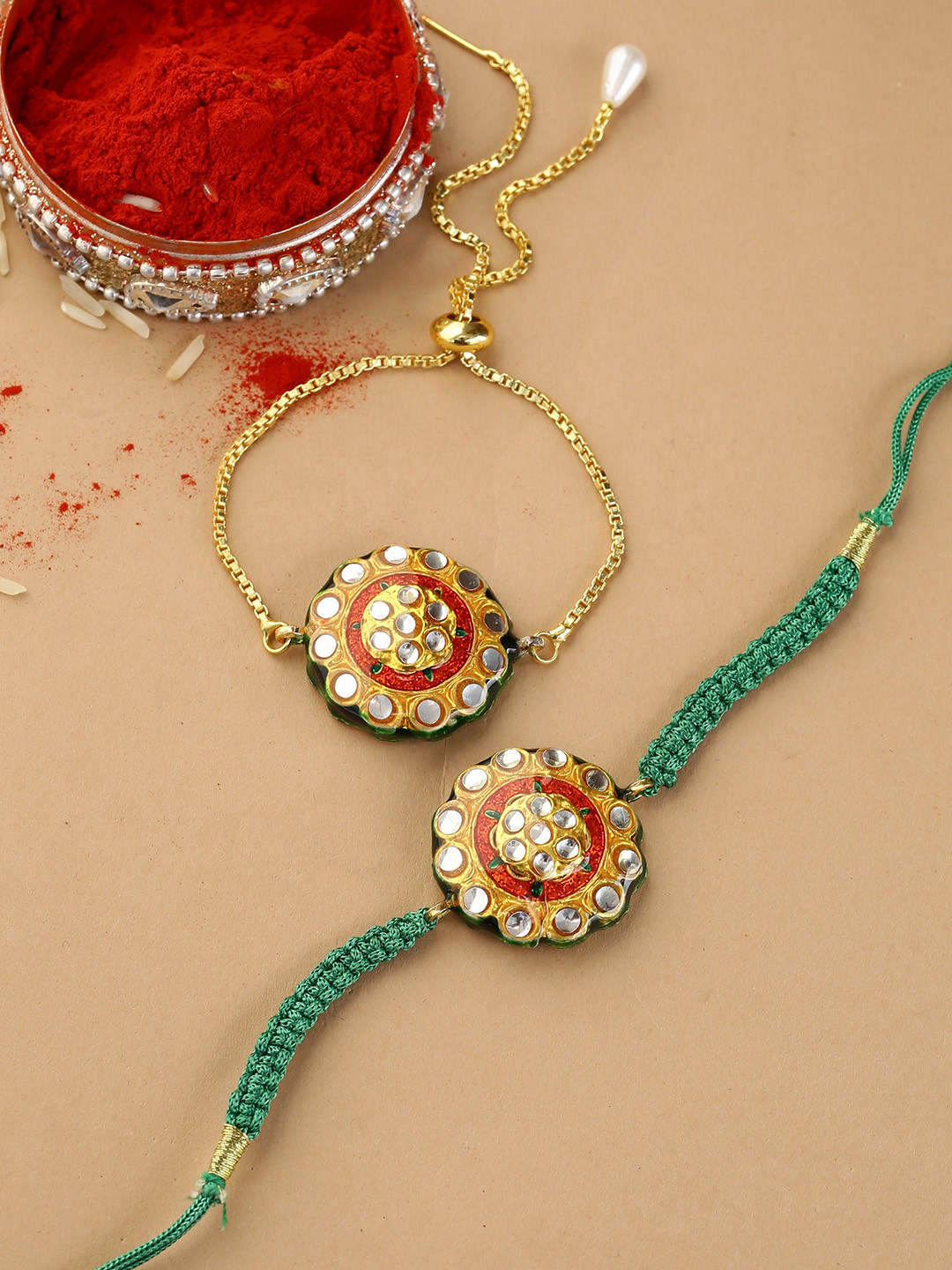 

Shoshaa Reversible Design Meenakari Kundan Studded Rakhi Combo, Green