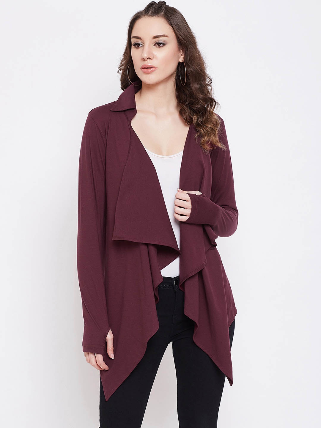 

Hypernation Women Maroon Solid Open Front Shrug