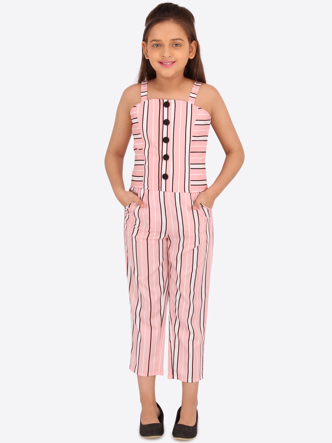 

CUTECUMBER Girls Peach-Coloured & Black Striped Basic Two-piece Jumpsuit