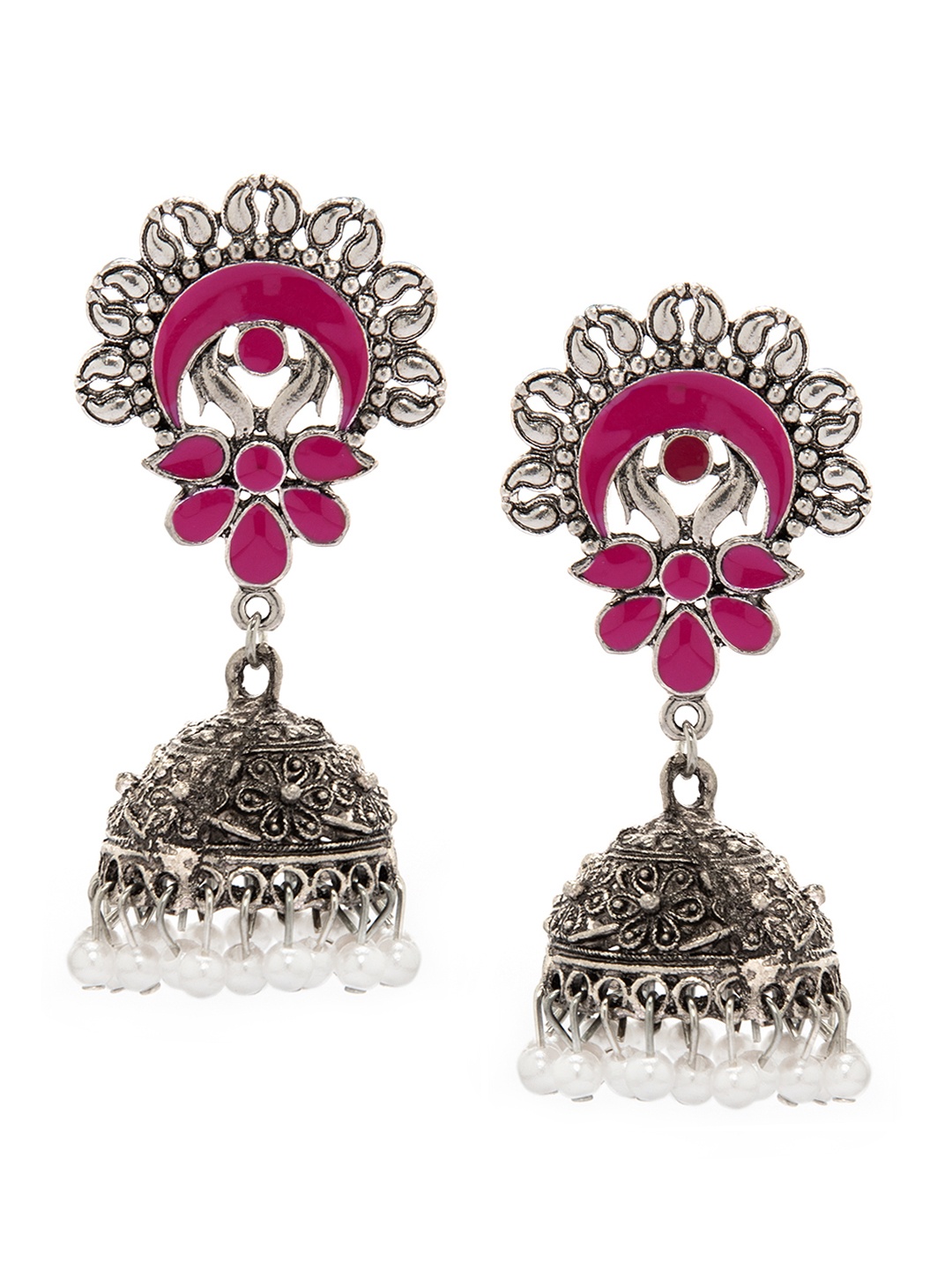 

Rubans Silver & Pink Handcrafted Floral Jhumkas