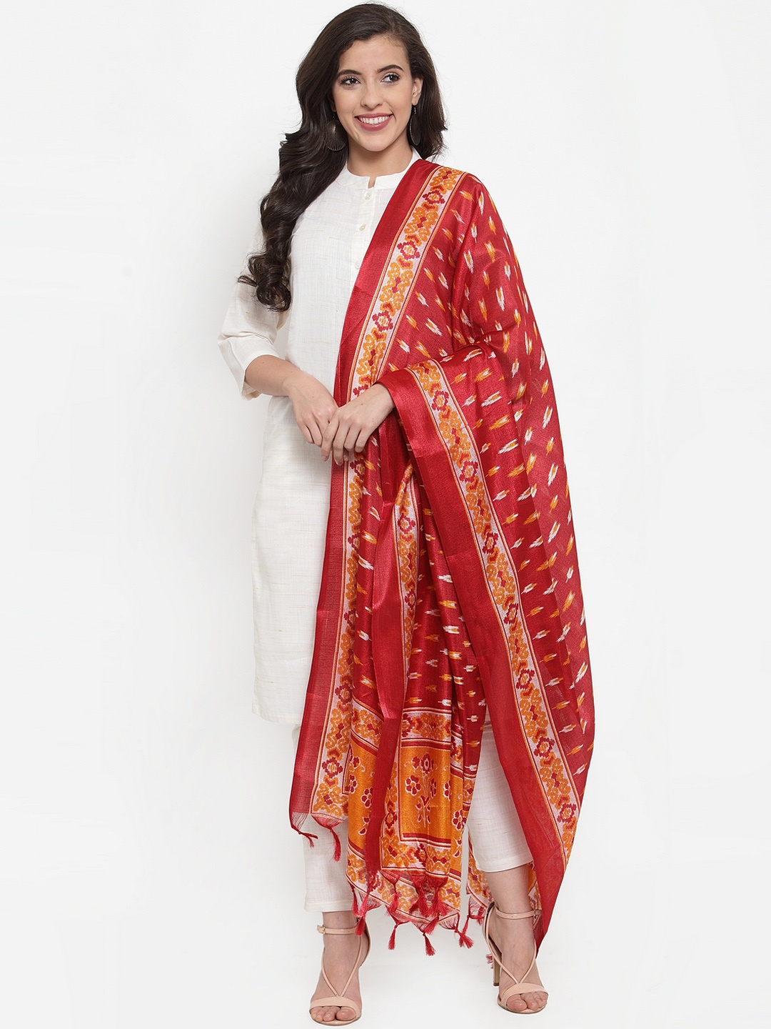 

Jompers Women Off-White & Red Woven Design Kurta with Trousers & Dupatta