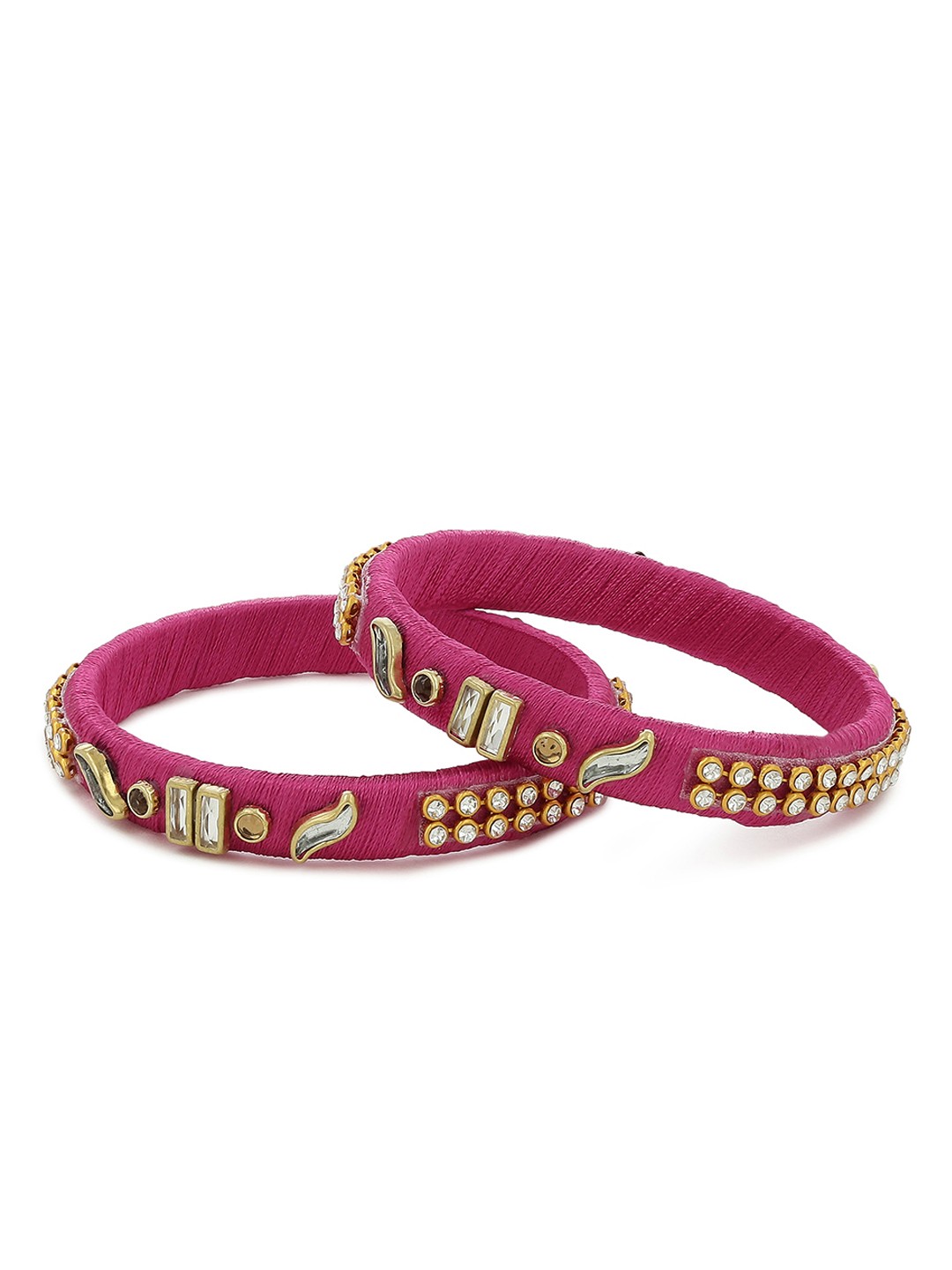 

AKSHARA Girls Set of 2 Pink & White Kundan-Studded Handcrafted Silk Thread Bangles