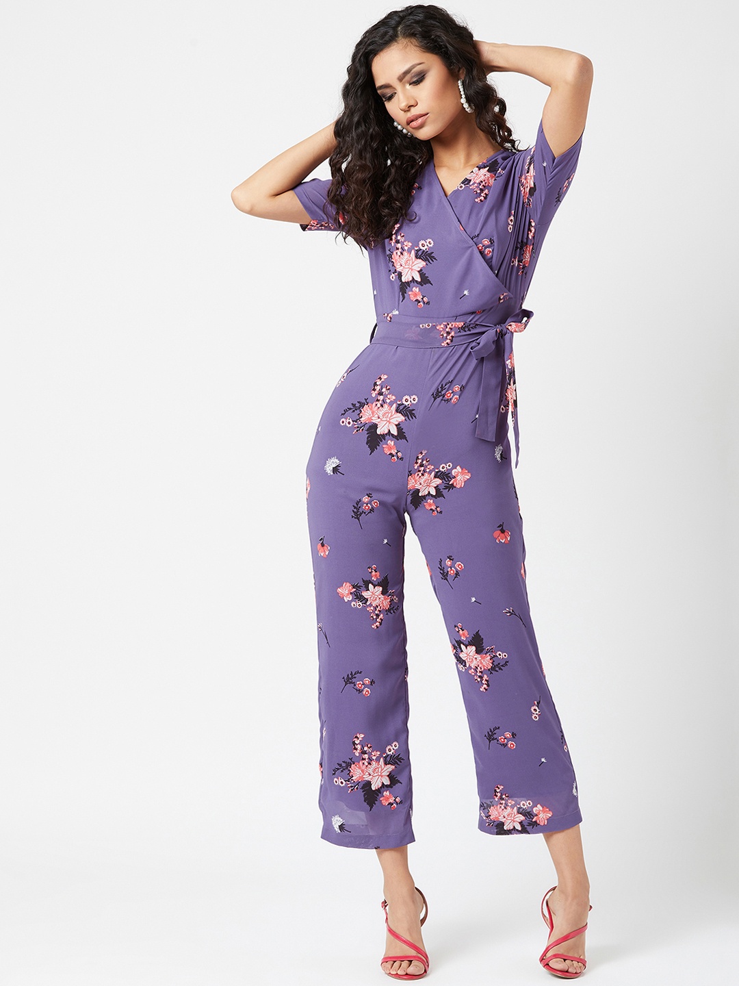 

Miss Chase Women Lavender & Pink Printed Basic Wrap Jumpsuit