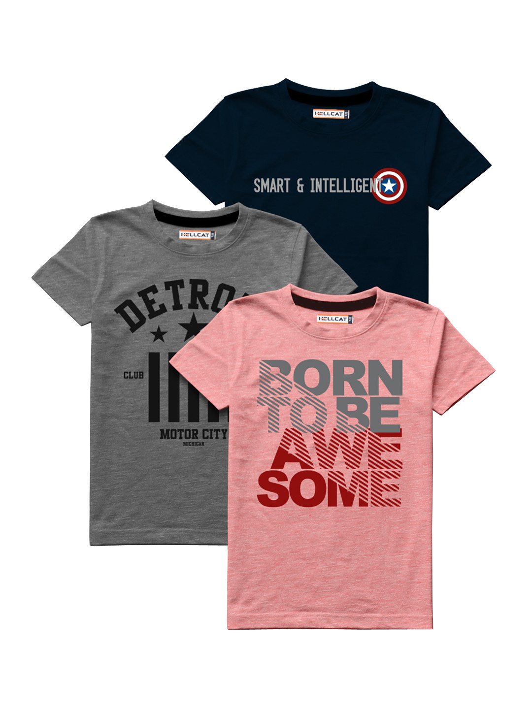 

HELLCAT Boys Pack Of 3 Multicoloured Printed T-shirts, Multi