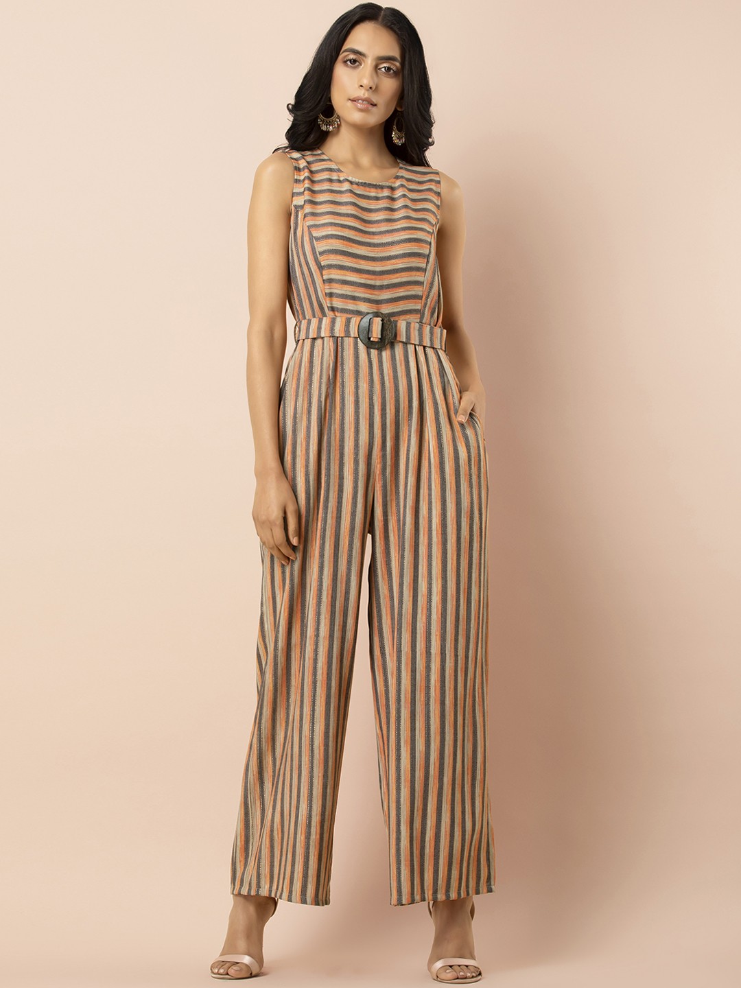 

INDYA Women Orange & Grey Striped Culotte Jumpsuit