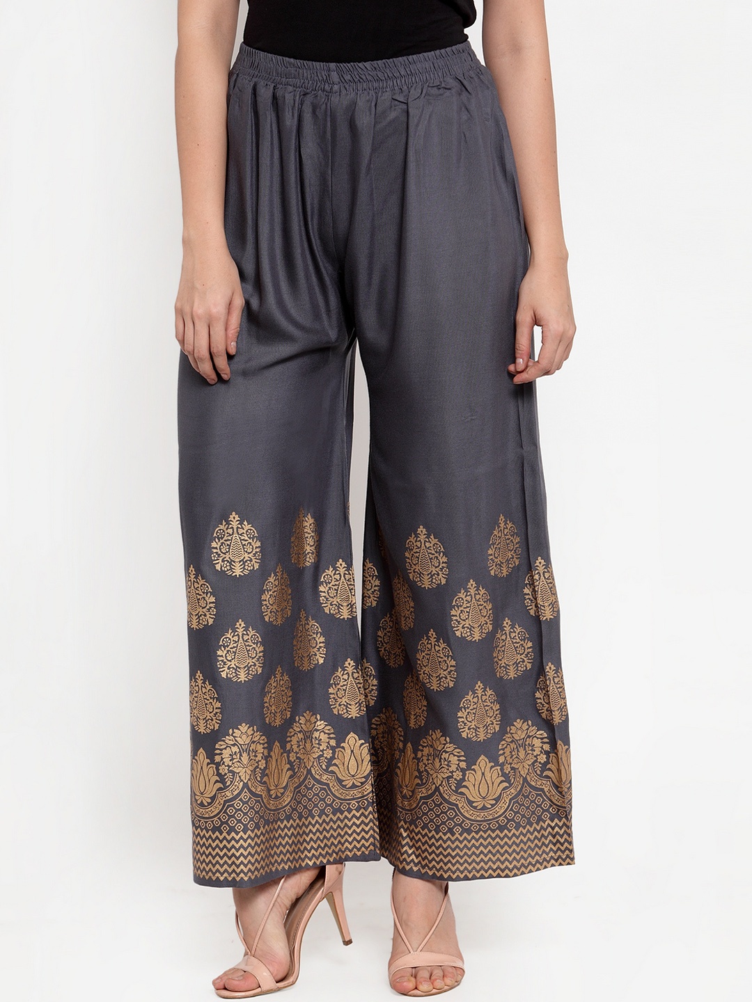 

Jompers Women Grey & Gold-Coloured Printed Wide Leg Palazzos