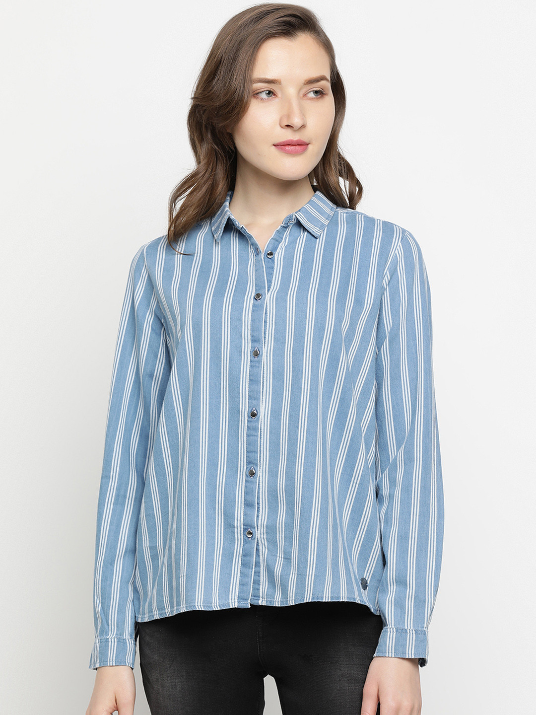

Pepe Jeans Women Blue & White Regular Fit Striped Casual Shirt