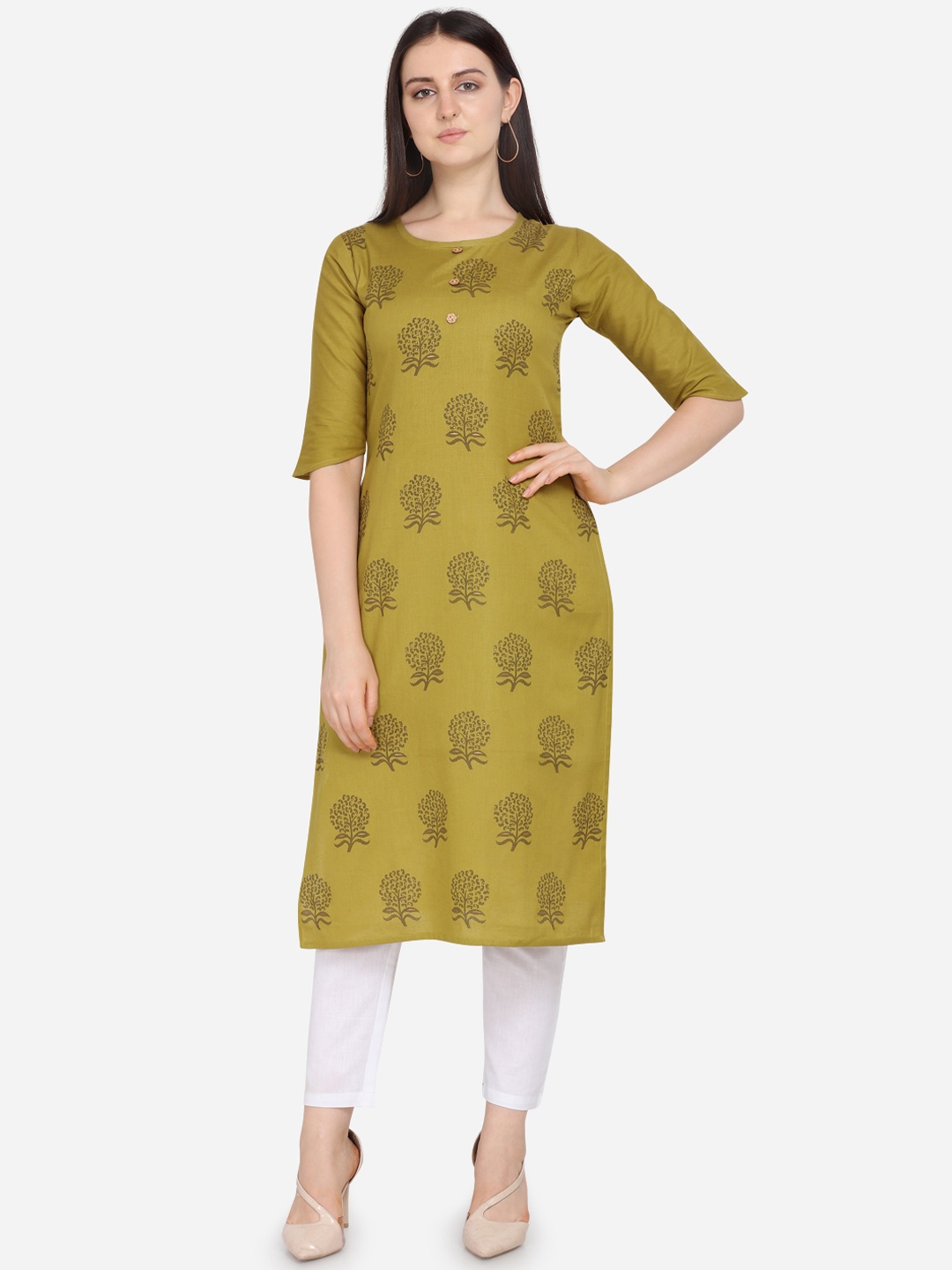 Kvsfab Women Mustard Yellow Printed Straight Kurta