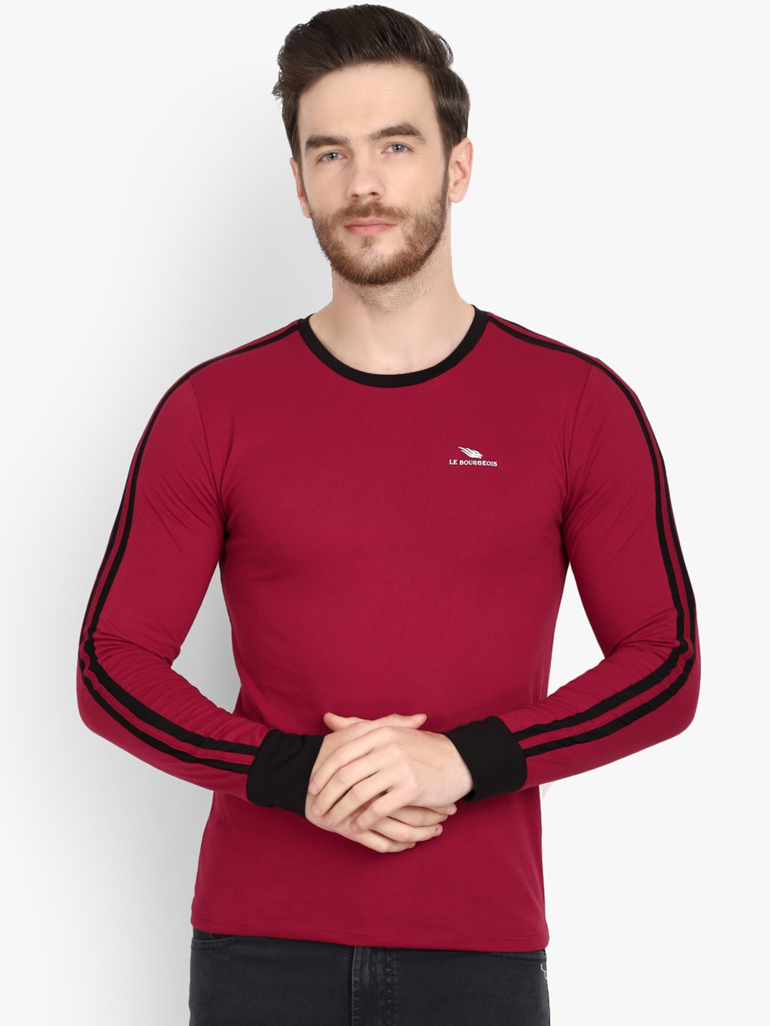 

LE BOURGEOIS Men Maroon Solid Round Neck T-shirt