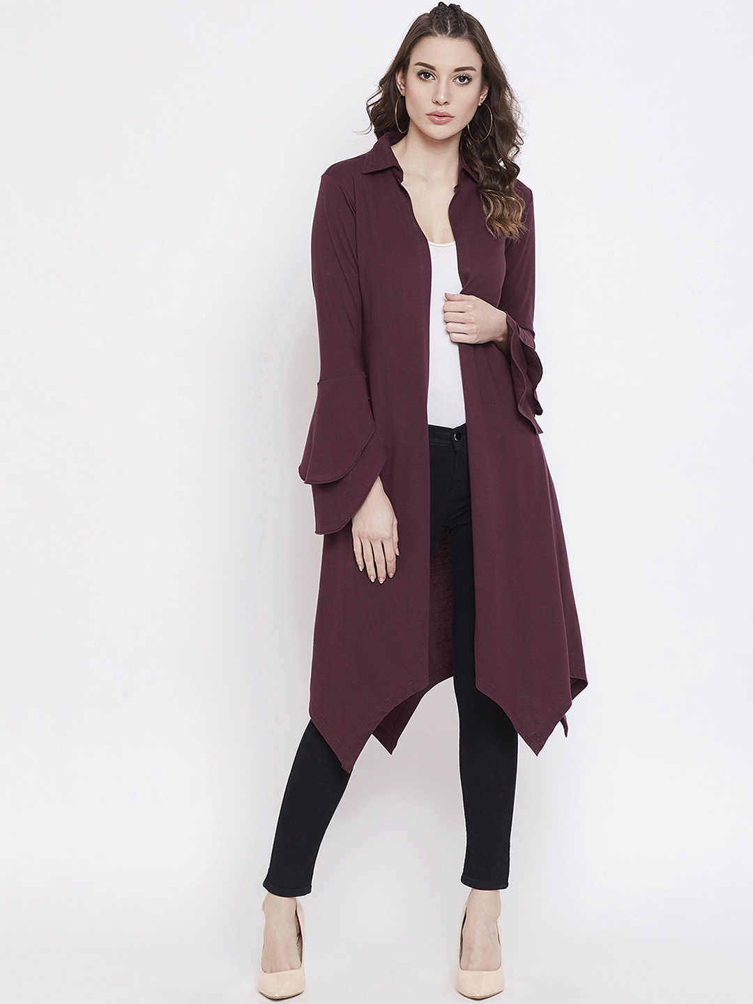 

Hypernation Women Maroon Solid Open Front Shrug