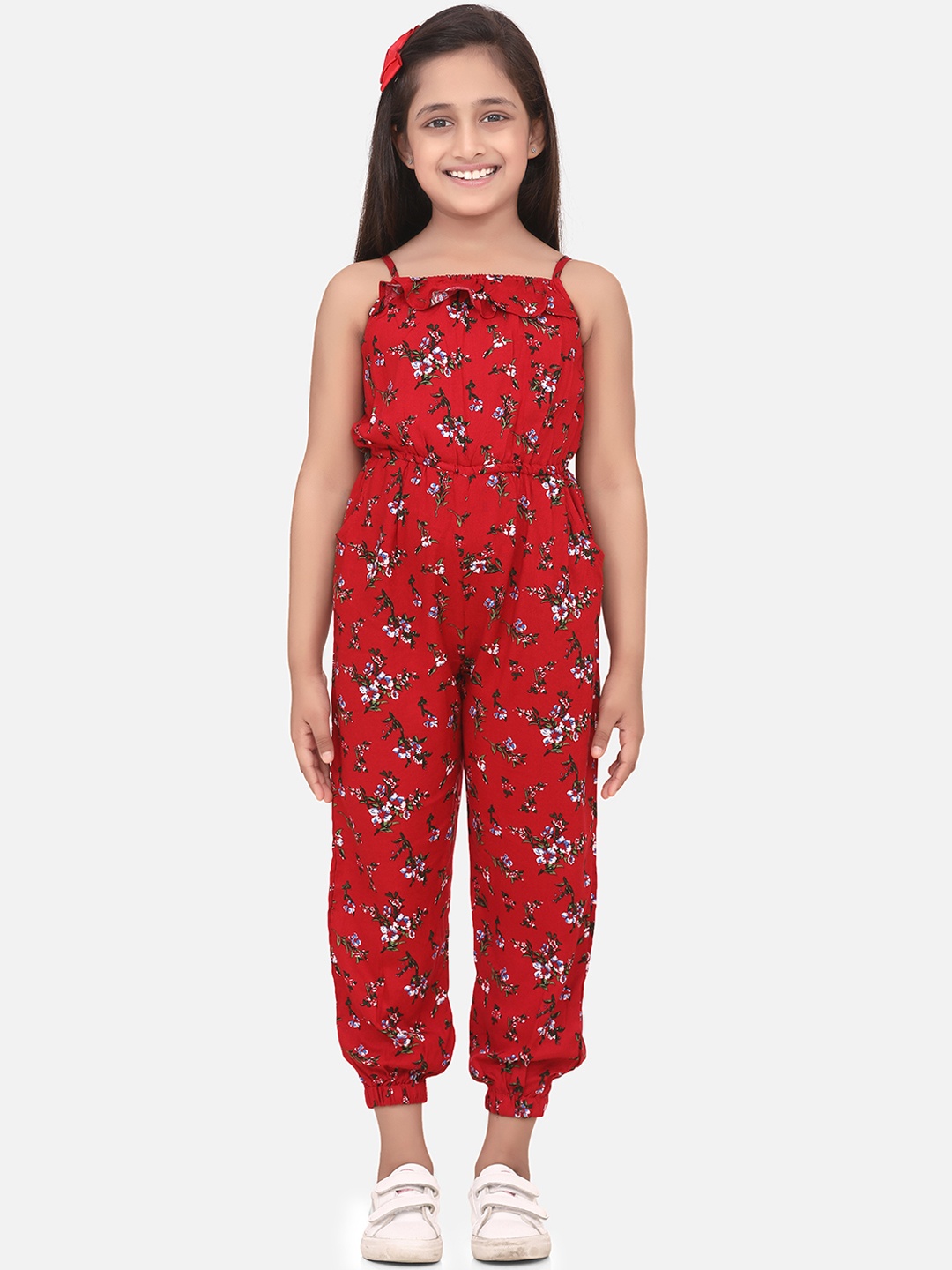

StyleStone Girls Red & Green Floral Printed Basic Jumpsuit