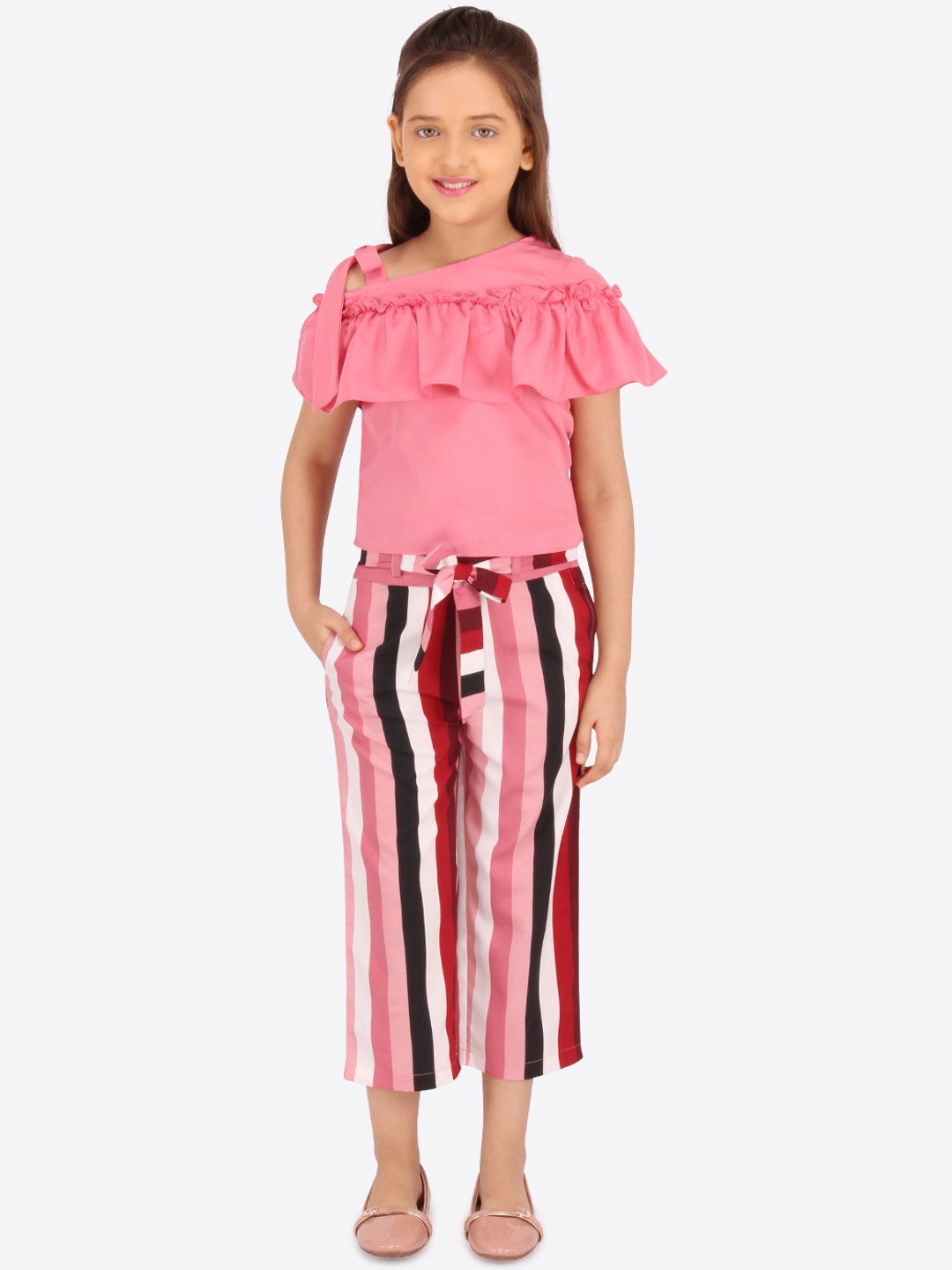 

CUTECUMBER Girls Pink & Maroon Striped Top with Palazzos