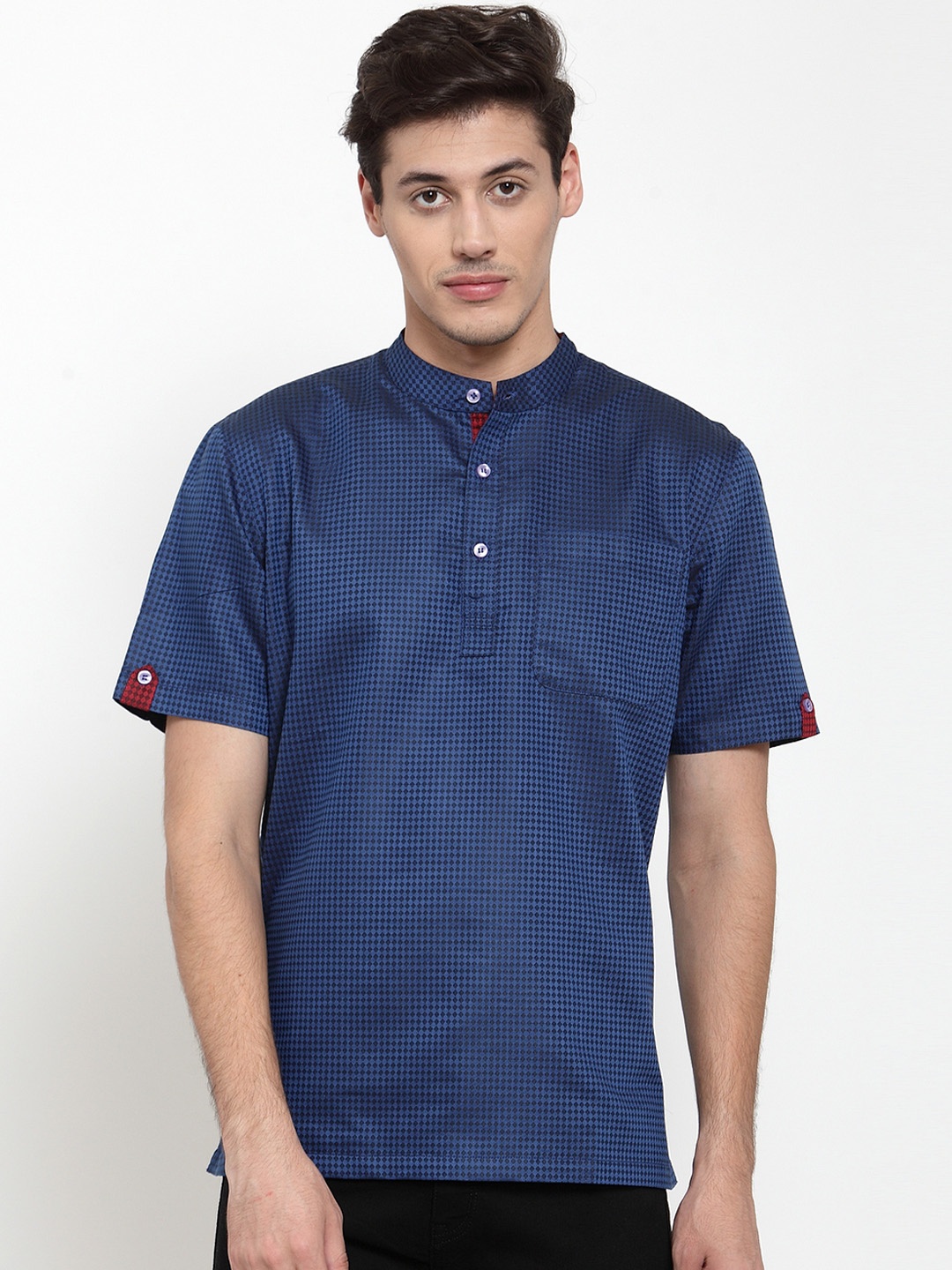

NEUDIS Men Navy Blue Checked Straight Kurta