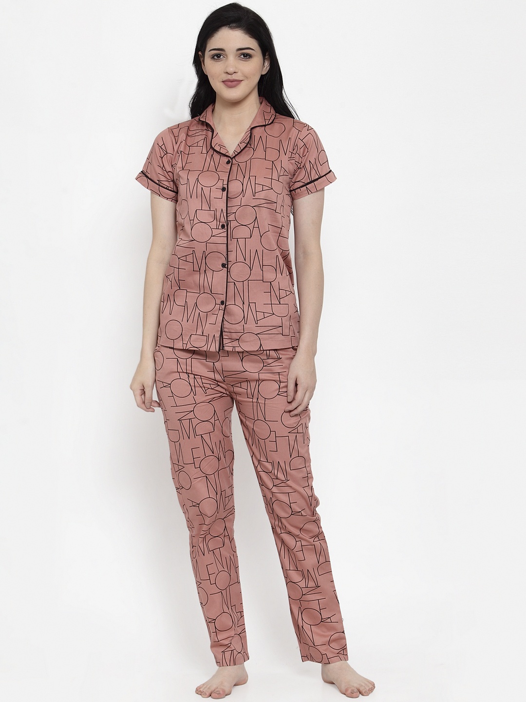 Claura Women Peach-Coloured & Black Printed Night suit