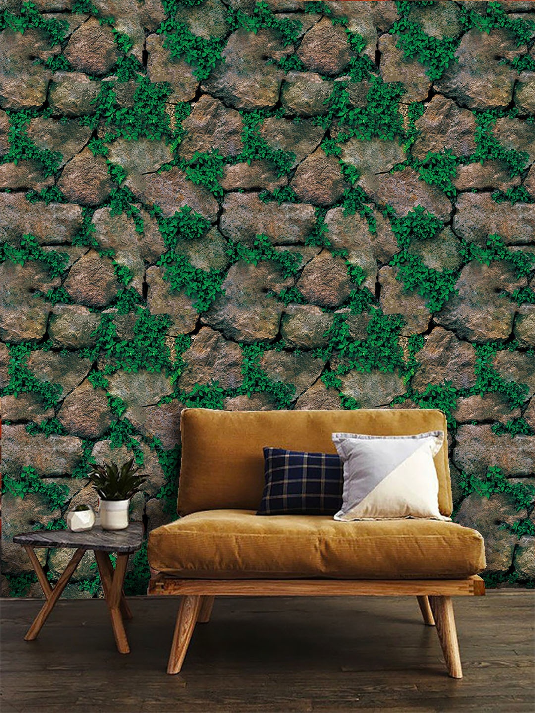 

Jaamso Royals Green Stone Brick Self Adhesive Removable Wallpaper, Multi