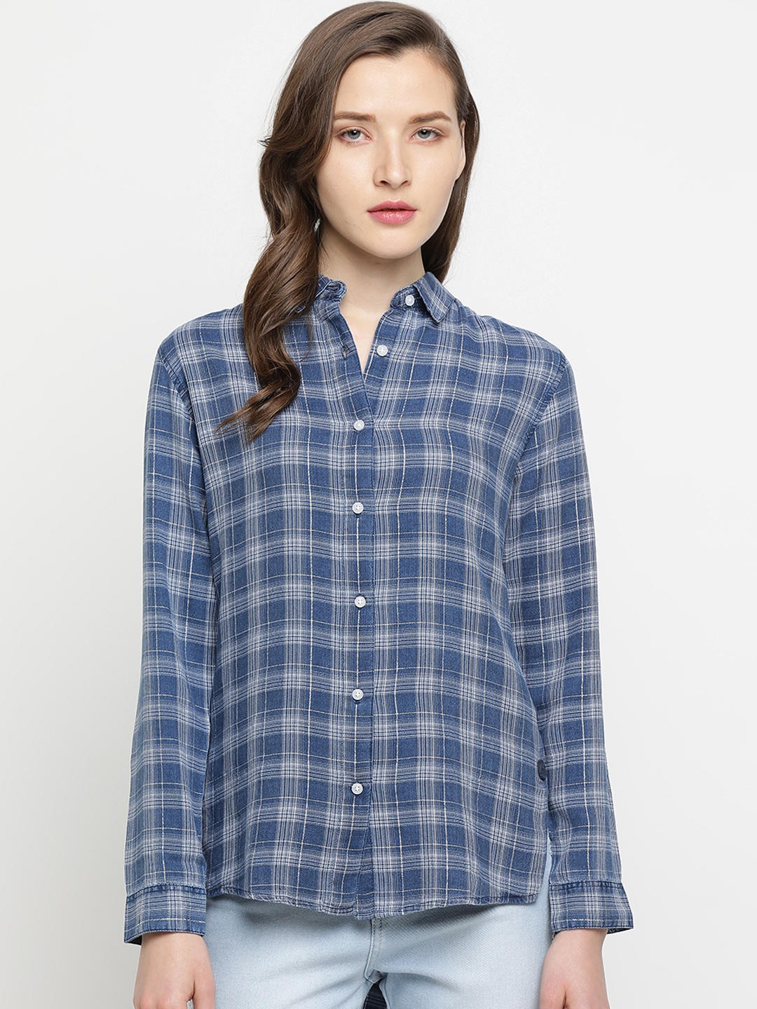 

Pepe Jeans Women Navy Blue & White Regular Fit Checked Casual Shirt