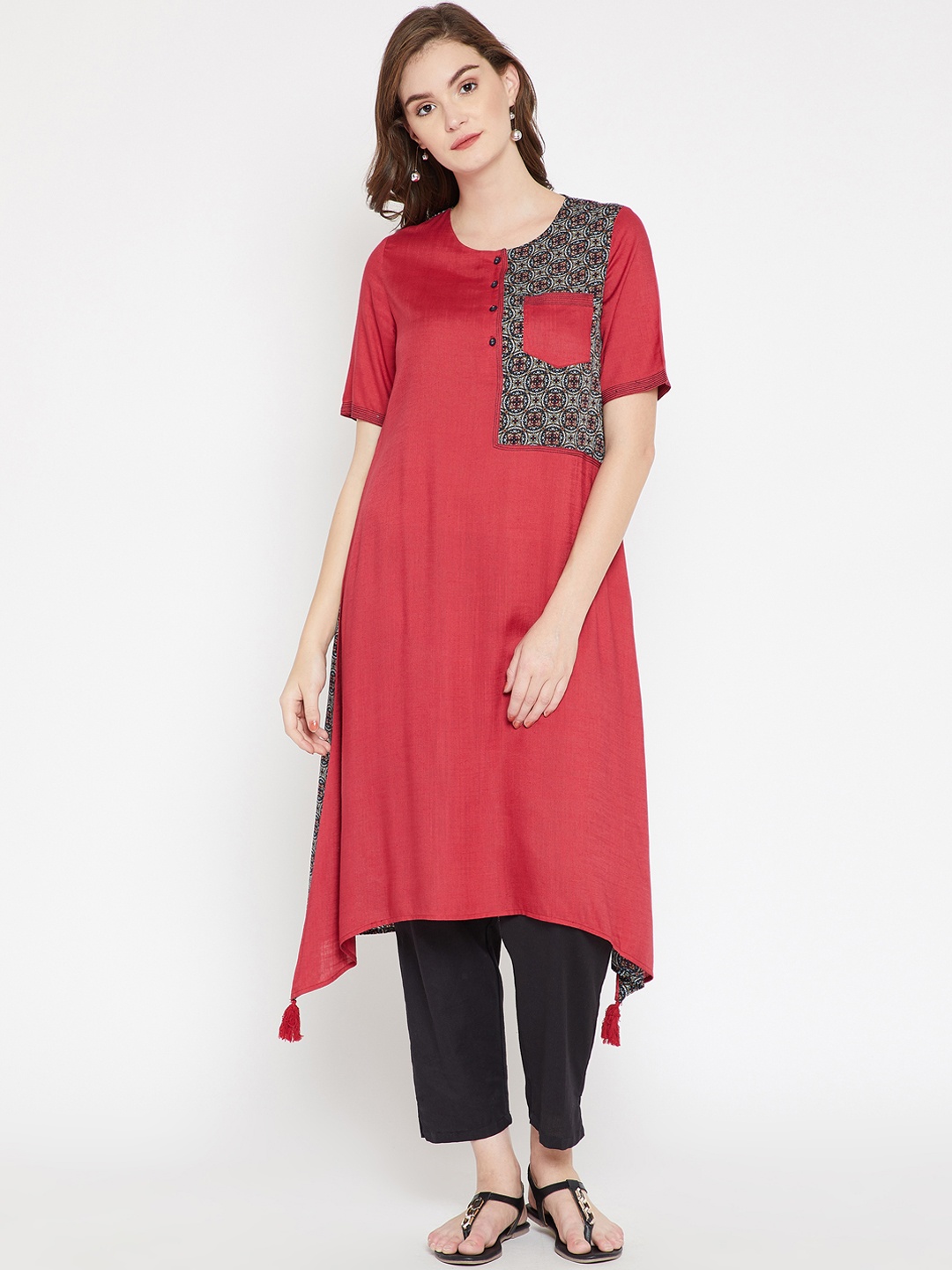 

RARE Women Red & Green Printed A-Line Kurta