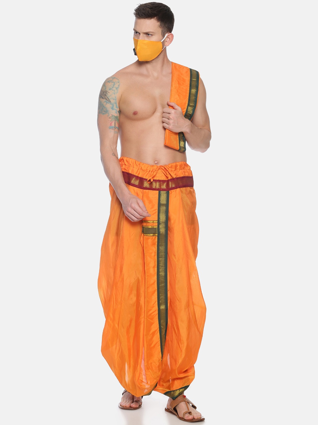 

Sethukrishna Men Orange Solid Readymade Dhoti Pant & Angavastram With 3-Layer Anti-Dust Mask