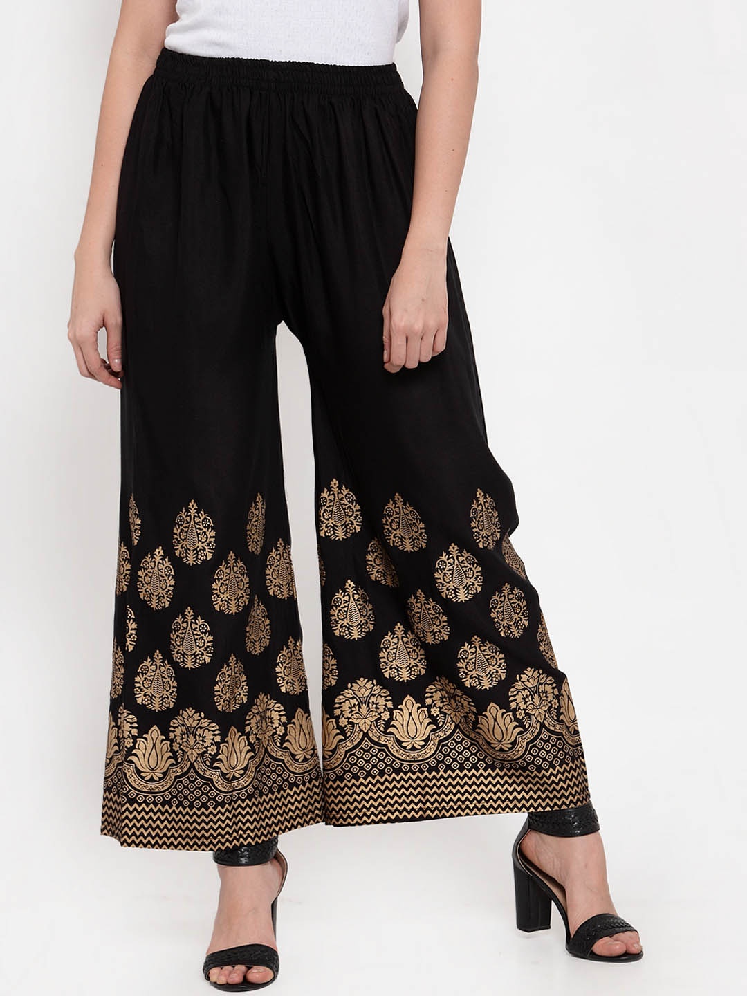 

Jompers Women Black & Gold-Toned Printed Wide Leg Palazzos
