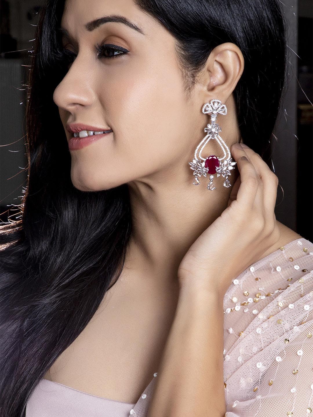 

Rubans Silver-Plated & Maroon Contemporary Artificial Stones Handcrafted Drop Earrings