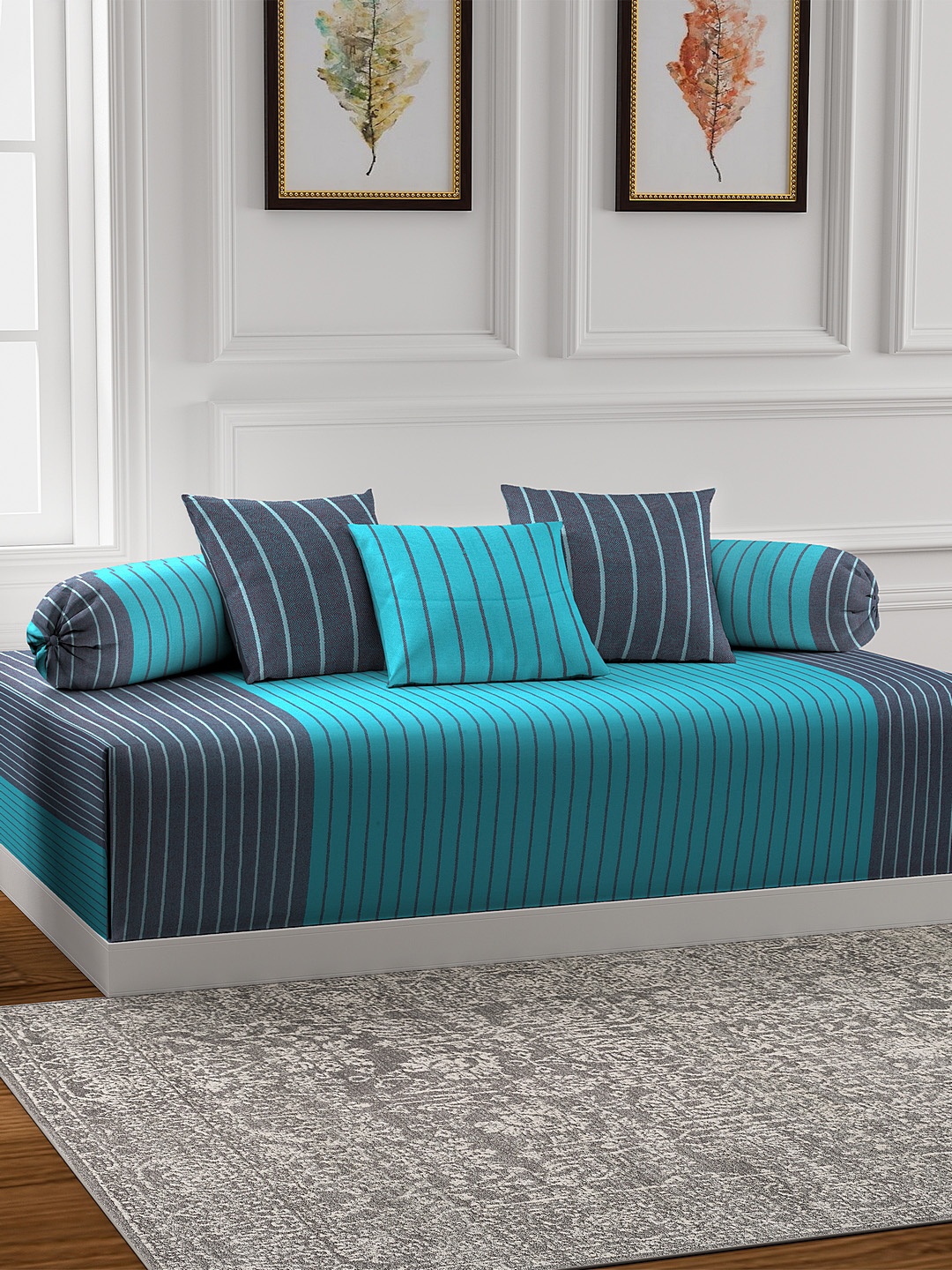 

KLOTTHE Set Of 6 Blue & Maroon Striped Bedsheet With Bolster & Cushion Covers