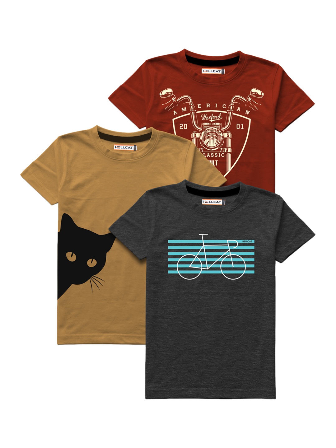 

HELLCAT Boys Pack Of 3 Multicoloured Printed T-shirts, Multi