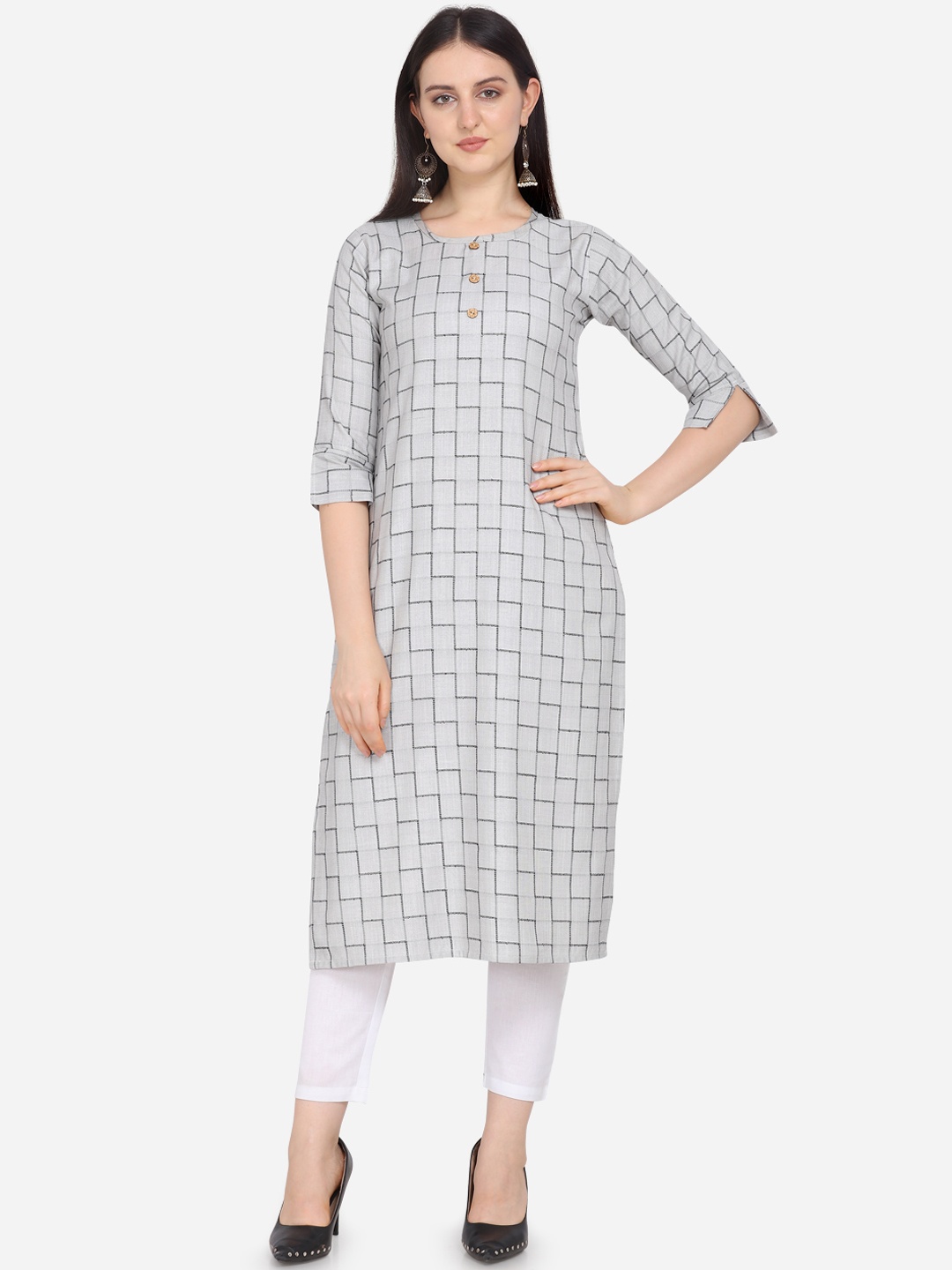 

Kvsfab Women Grey Checked Straight Kurta