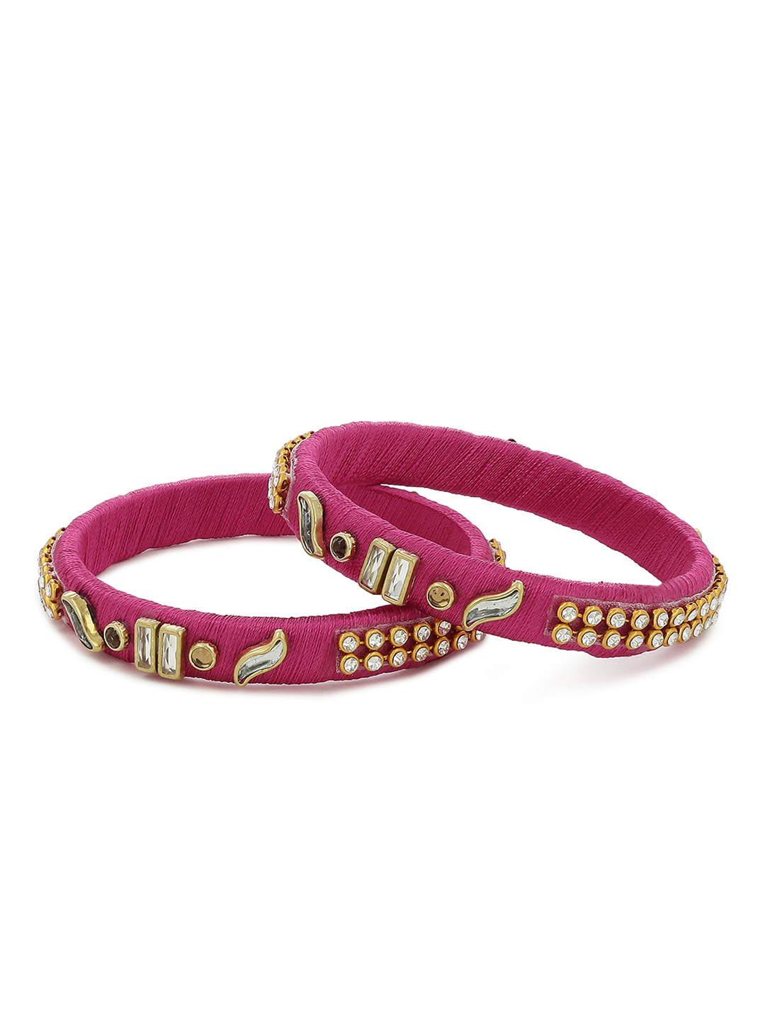 

AKSHARA Girls Set of 2 Pink & White Kundan-Studded Handcrafted Silk Thread Bangles