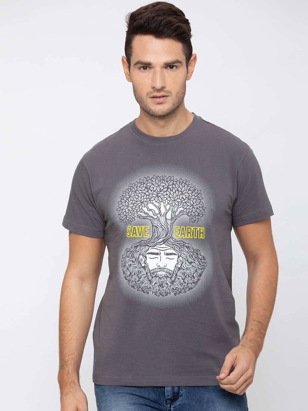 

Globus Men Grey Printed Round Neck T-shirt